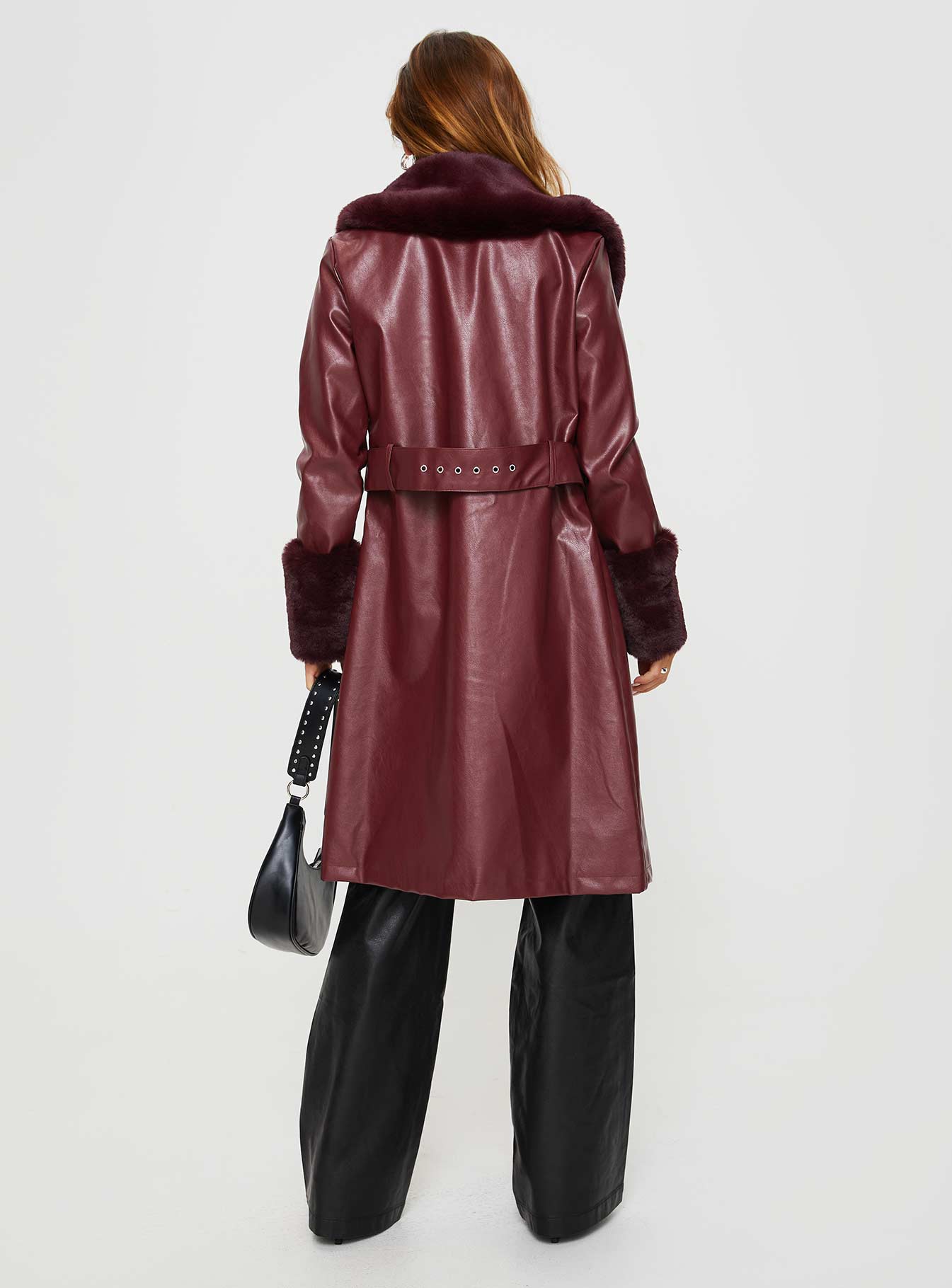 Brooklyn Faux Leather Longline Coat Burgundy-Vipp Girl