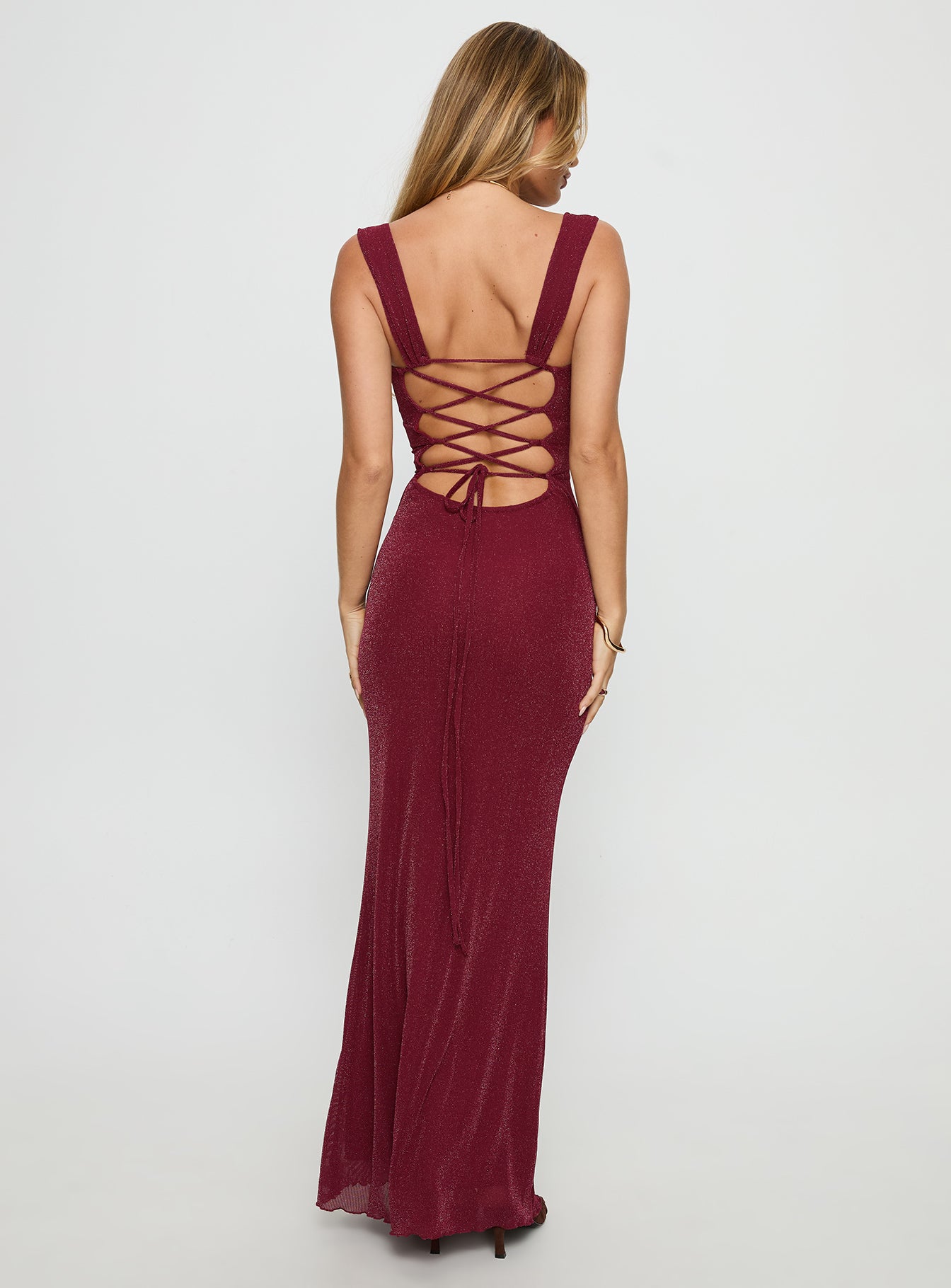 Crisanto Tie Up Ruched Maxi Dress Burgundy-Vipp Girl