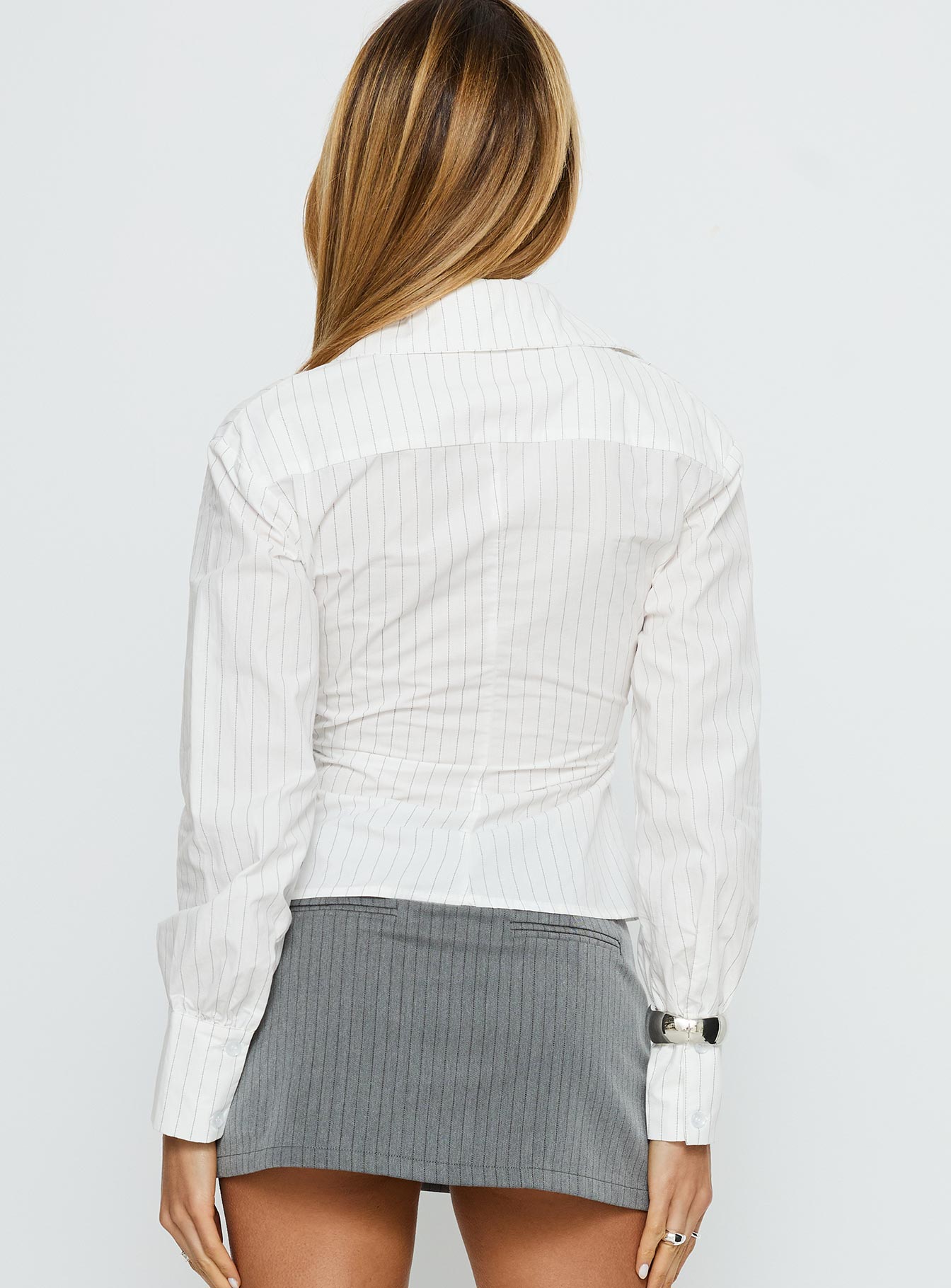 Mayda Asymmetrical Long Sleeve Shirt White Pinstripe-Vipp Girl