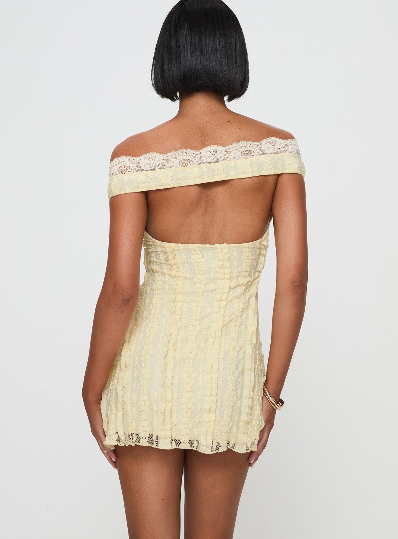 Bonnin Off The Shoulder Lace Mini Dress Yellow-Vipp Girl