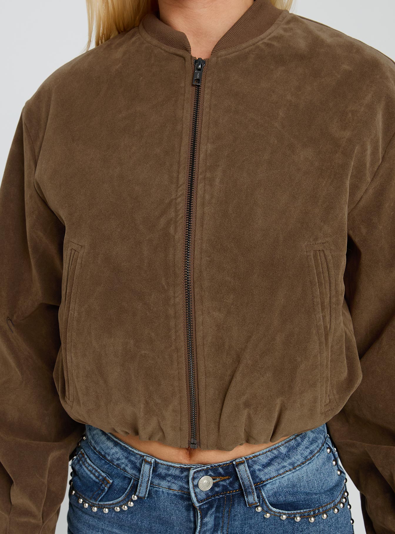 Mastery Faux Suede Bomber Jacket Brown-Vipp Girl