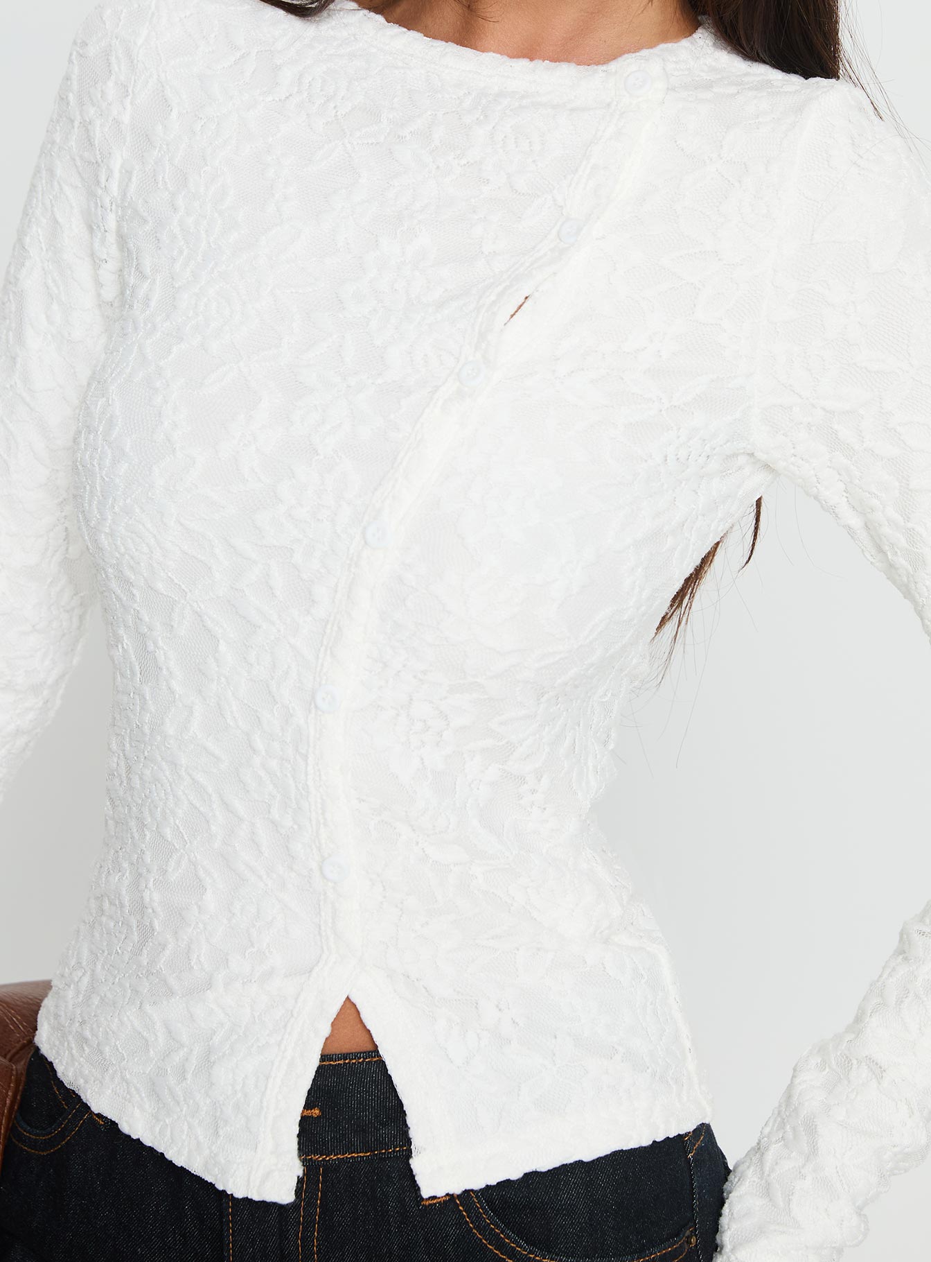 Passoni Long Sleeve Lace Top White-Vipp Girl