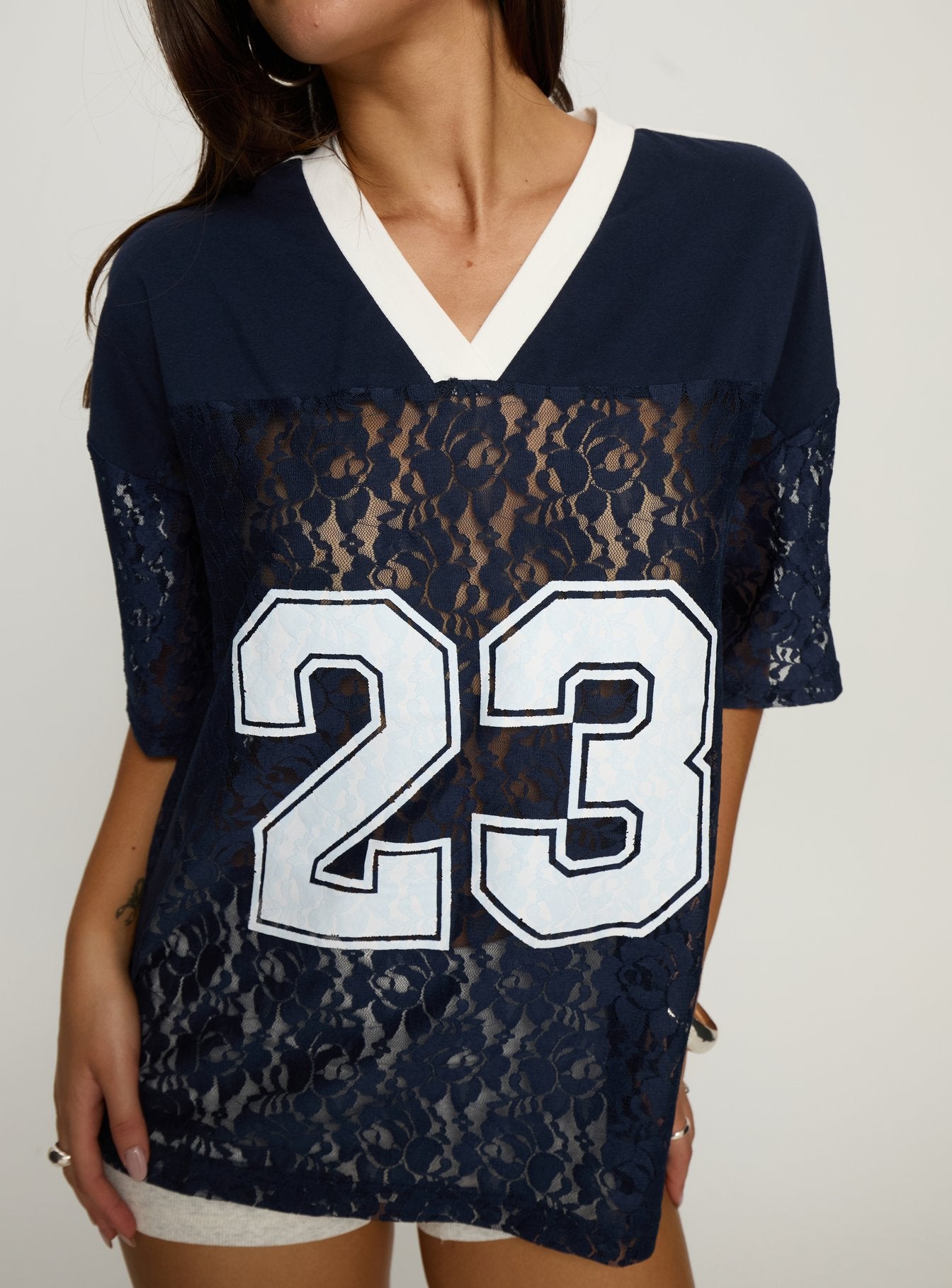 Lucky 23 Lace Jersey Graphic Top Navy-Vipp Girl