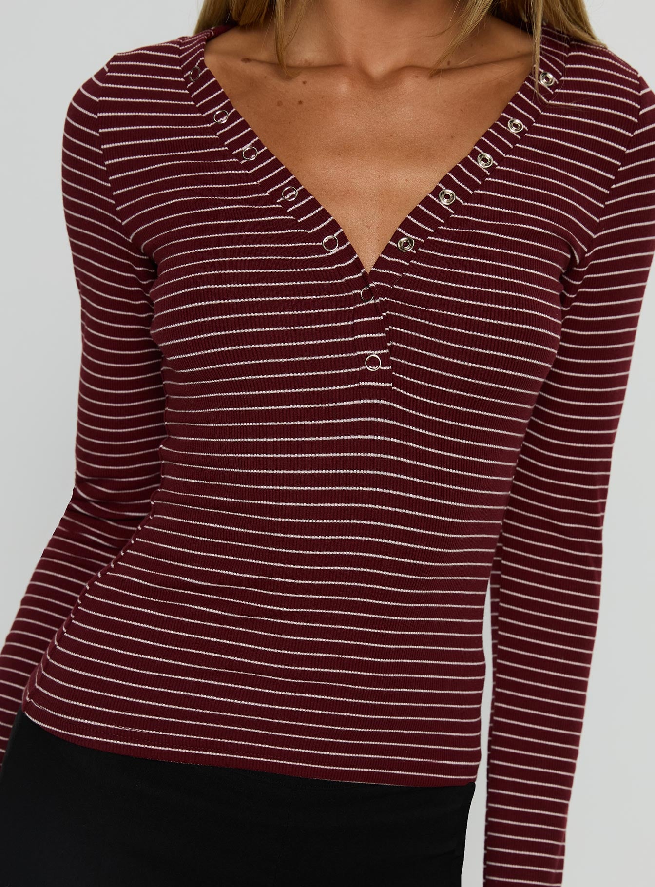 Georgeanna Button Up Long Sleeve Top Burgundy Stripe-Vipp Girl