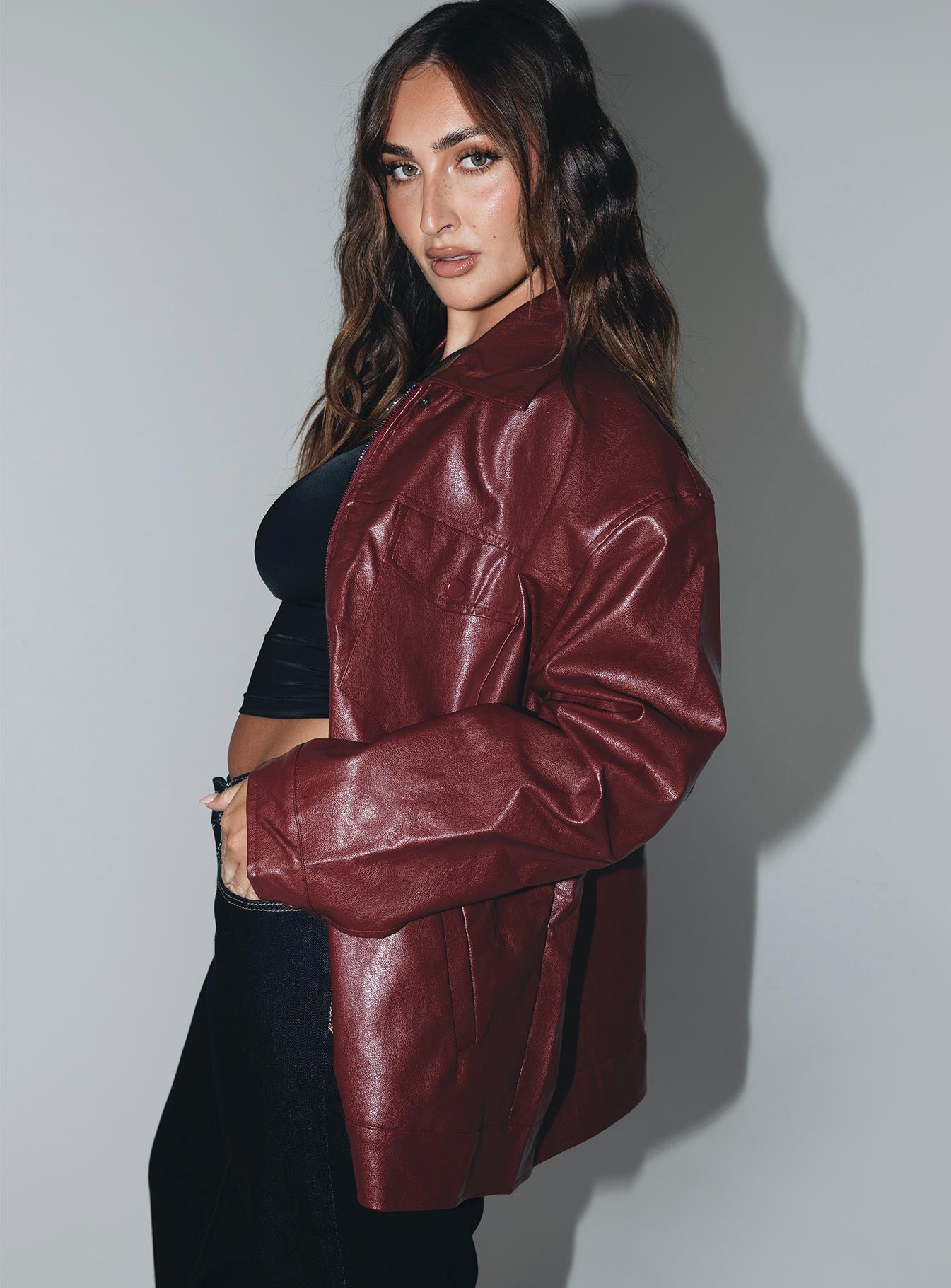 Callie Faux Leather Jacket Burgundy-Vipp Girl