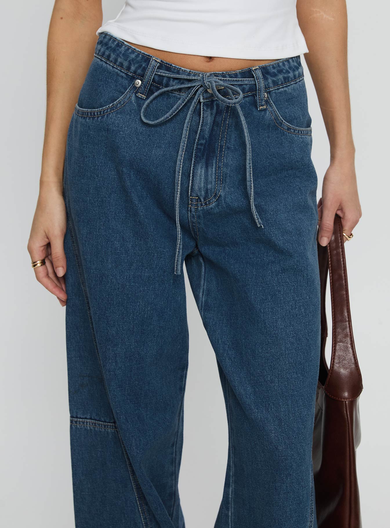 Bruiser Tie Waist Mid Rise Wide Leg Jeans Mid Blue Wash-Vipp Girl