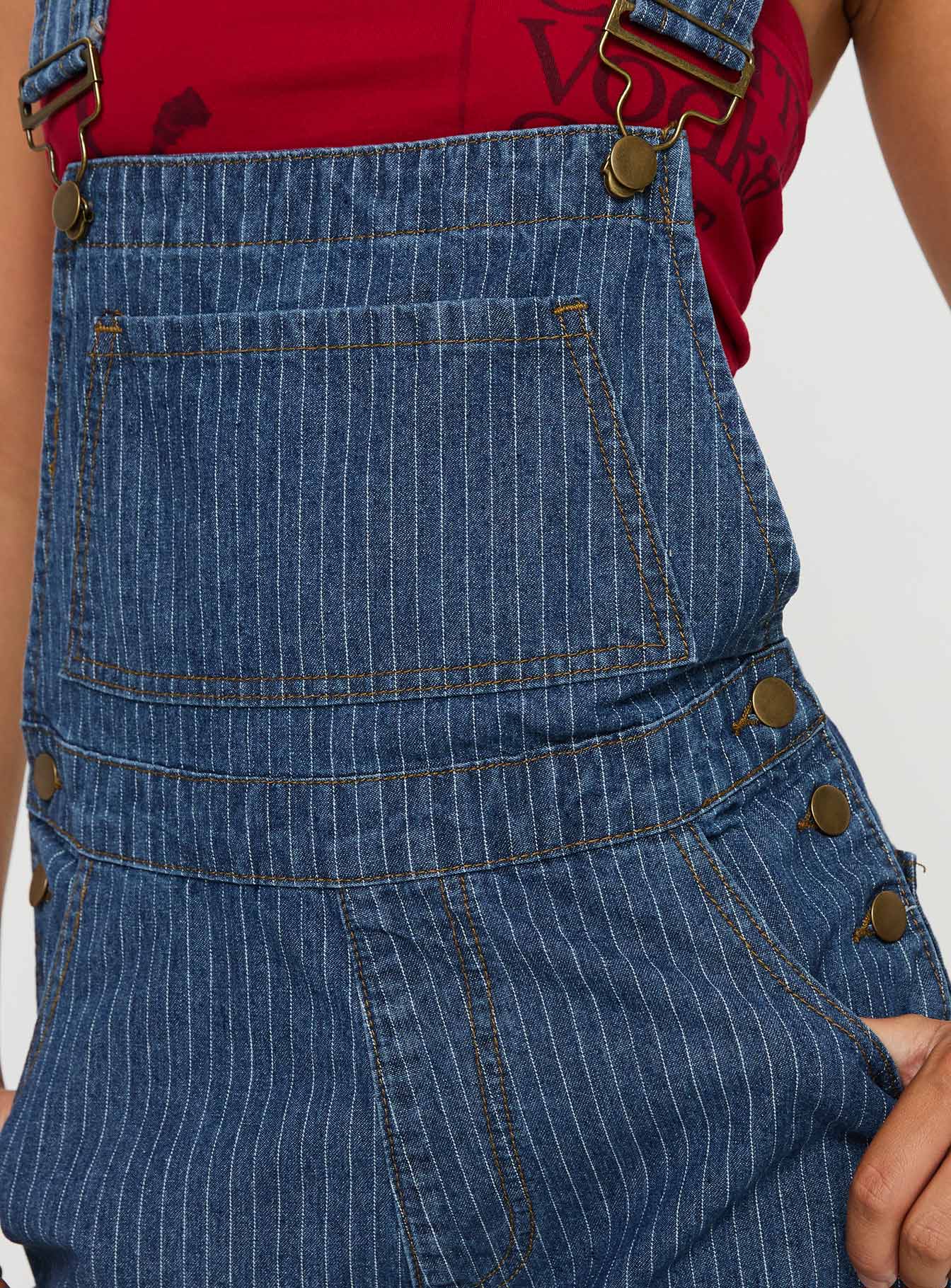 Kacey Short Overalls Mid Blue Pinstripe-Vipp Girl