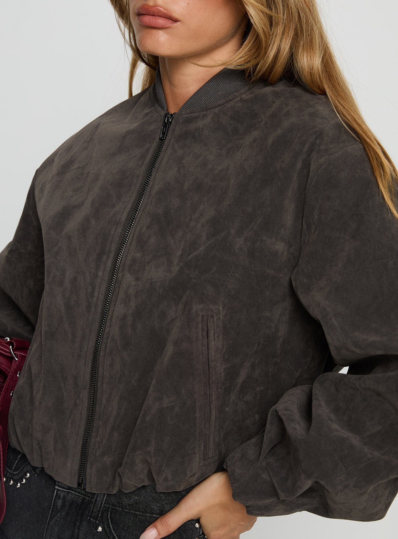 Mastery Faux Suede Bomber Jacket Charcoal-Vipp Girl