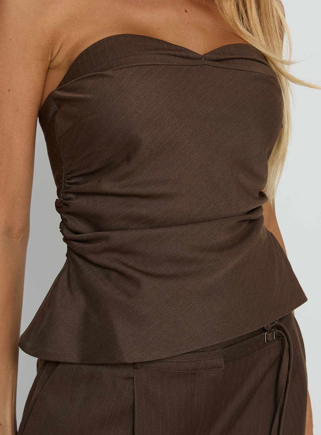 Keighly Strapless Draped Top Brown Pinstripe-Vipp Girl