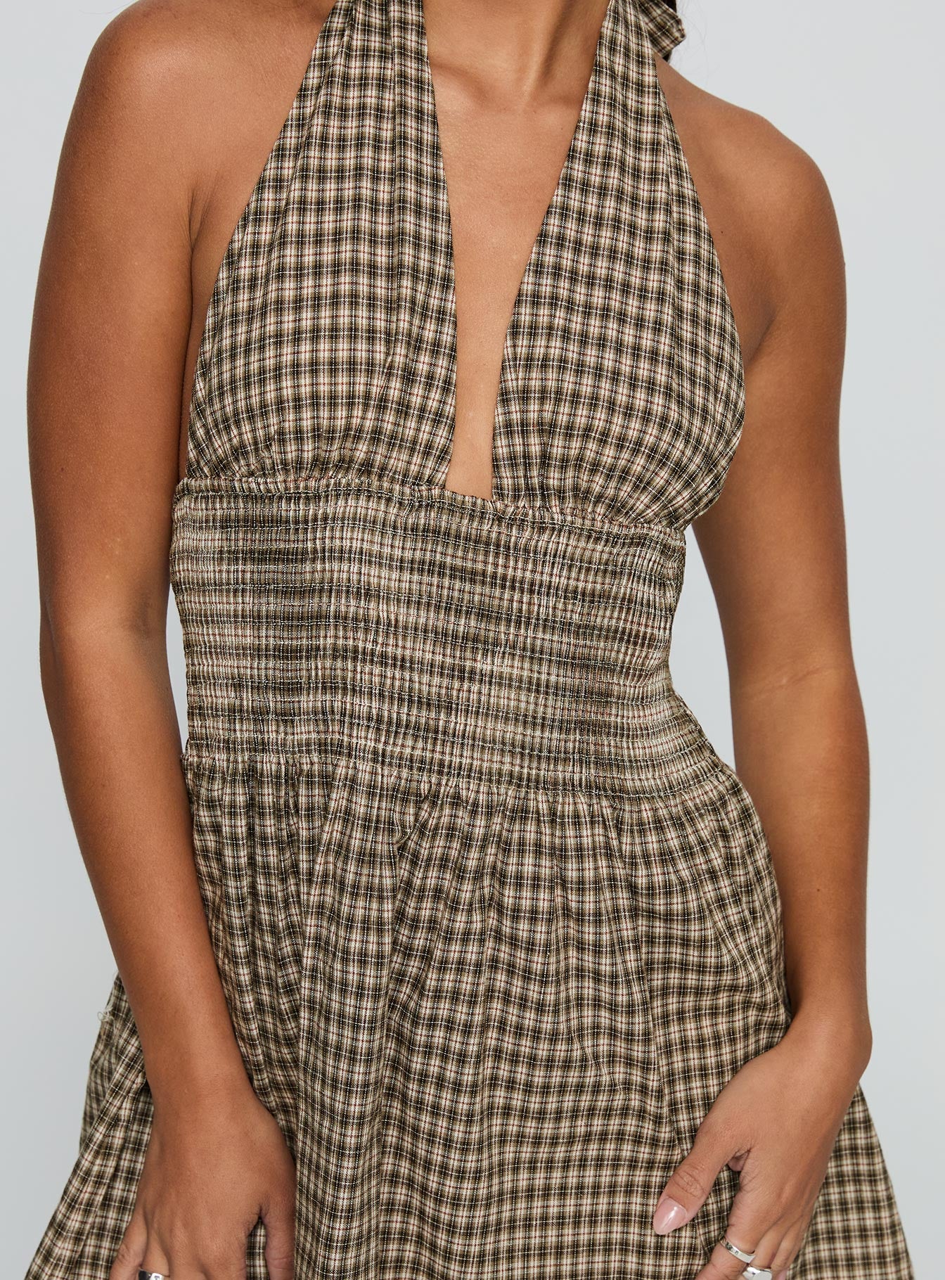 Juanette Halter Mini Dress Brown Check-Vipp Girl