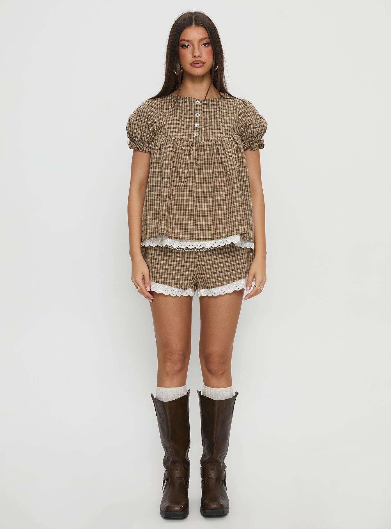 Chandelier Mini Lace Trim Shorts Brown Check-Vipp Girl