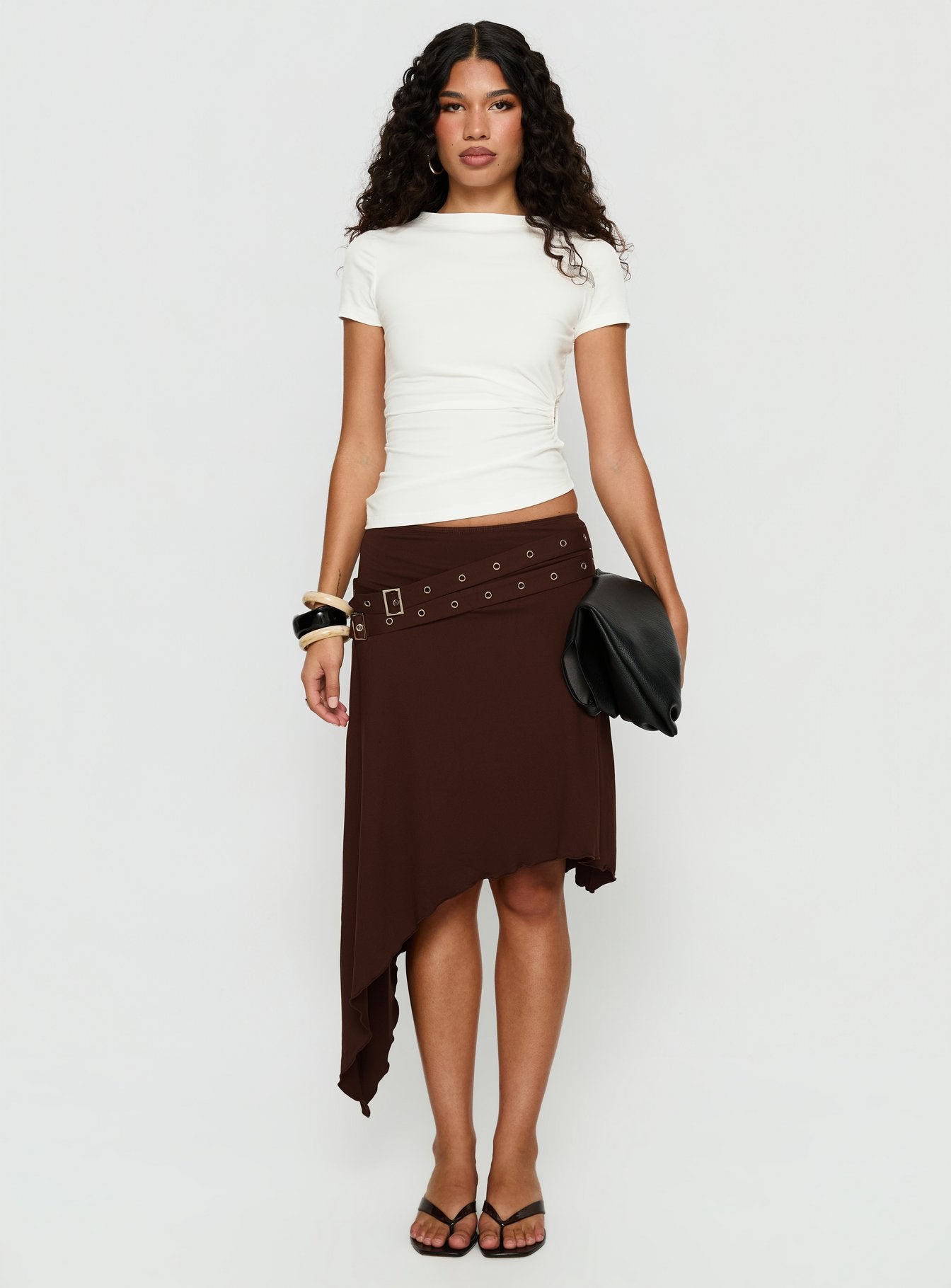 Lorensa Double Buckle Asymmetrical Midi Skirt Brown-Vipp Girl