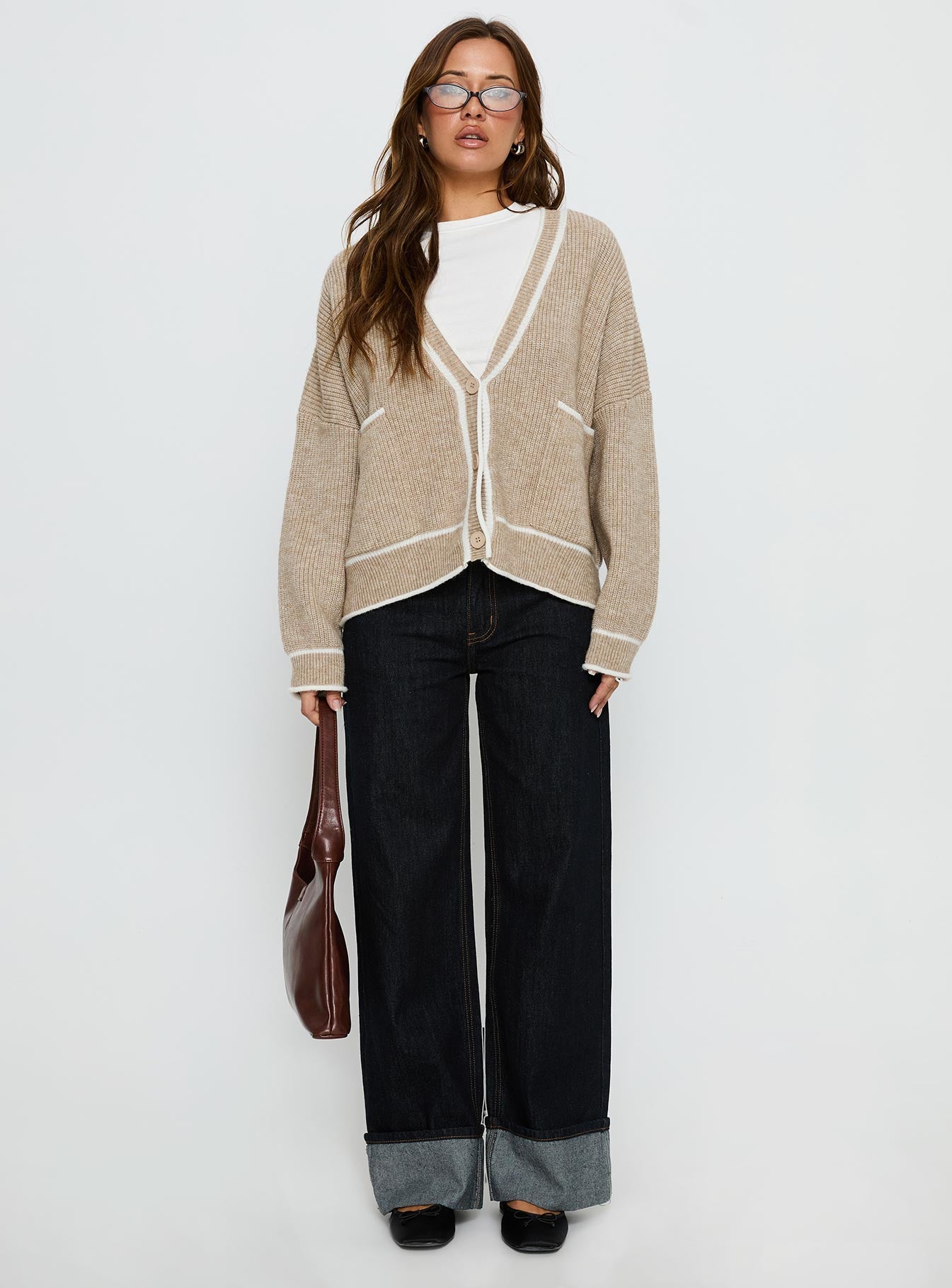 Cressara Contrast Knit Cardigan Beige / White-Vipp Girl
