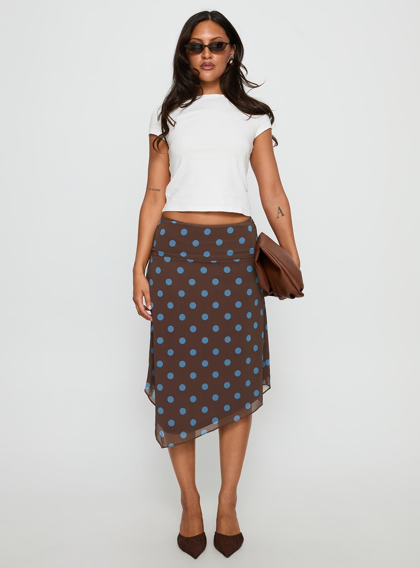 Daphene Asymmetrical Midi Skirt Brown / Blue Polka Dot-Vipp Girl