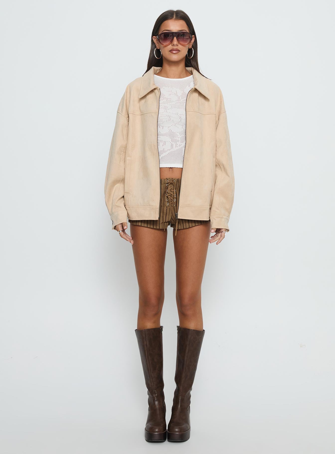Goldsmith Faux Suede Bomber Jacket Beige-Vipp Girl