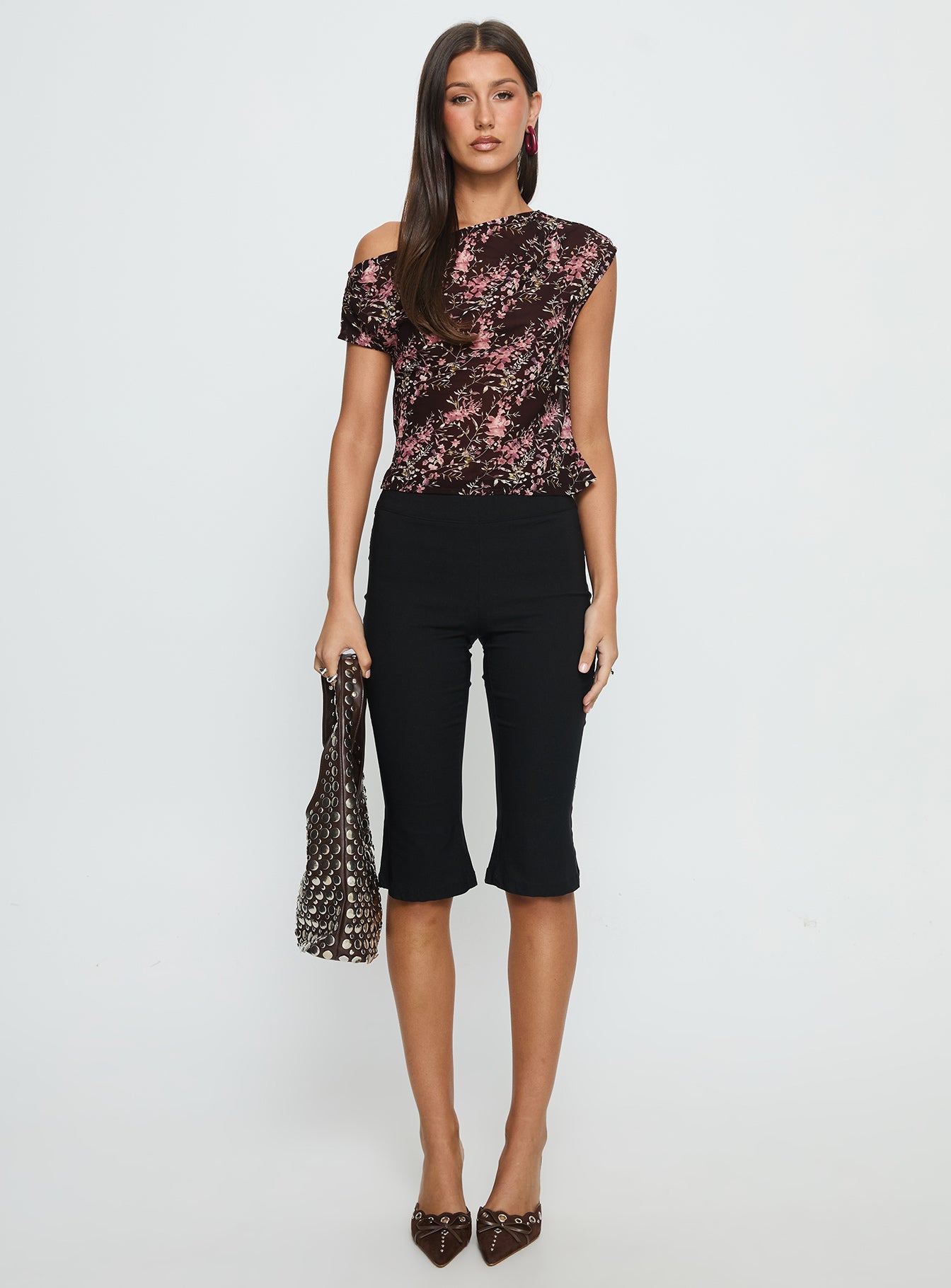 Justyna Sheer Top Off Shoulder Top Brown / Pink Floral-Vipp Girl