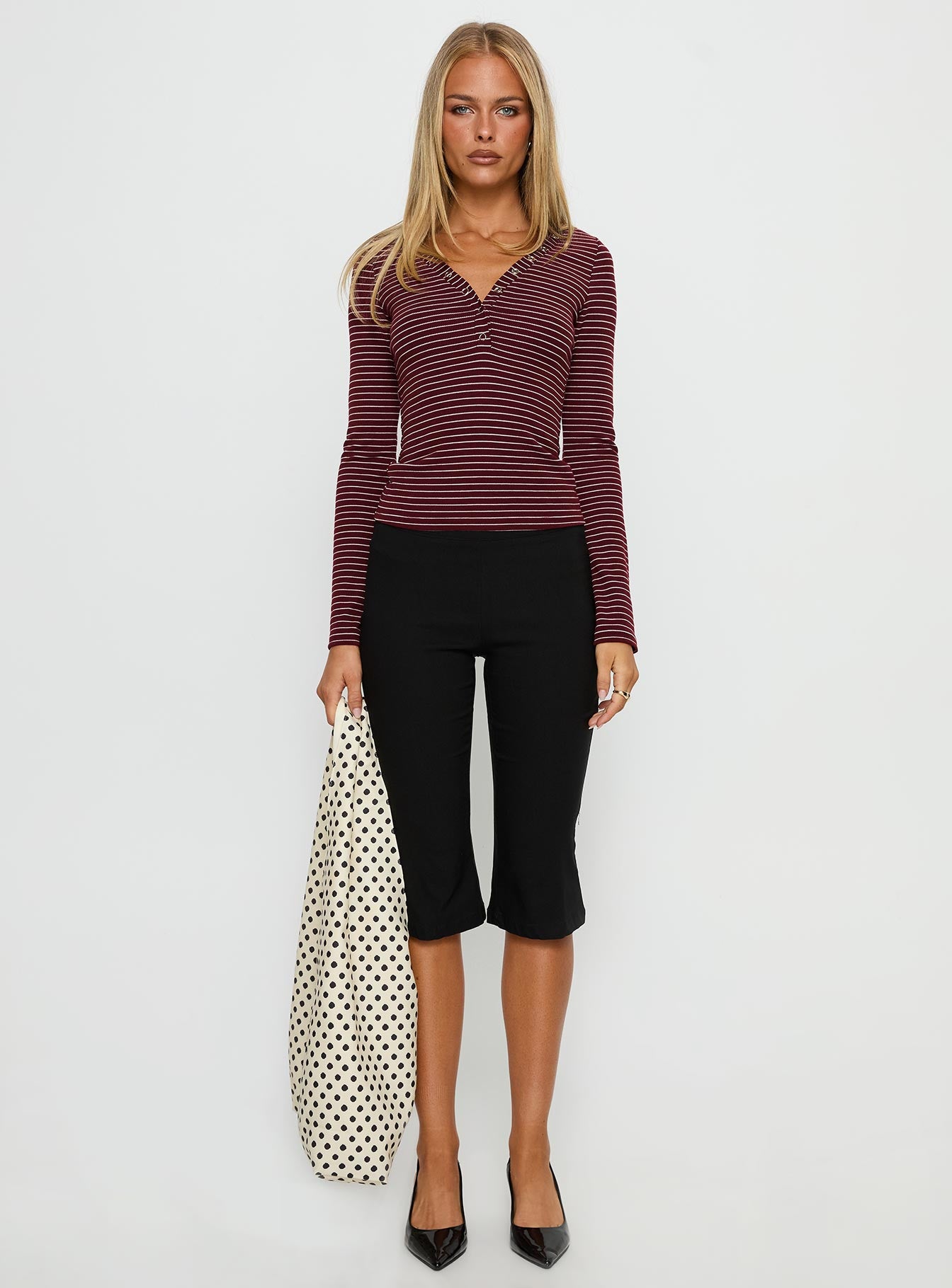 Georgeanna Button Up Long Sleeve Top Burgundy Stripe-Vipp Girl