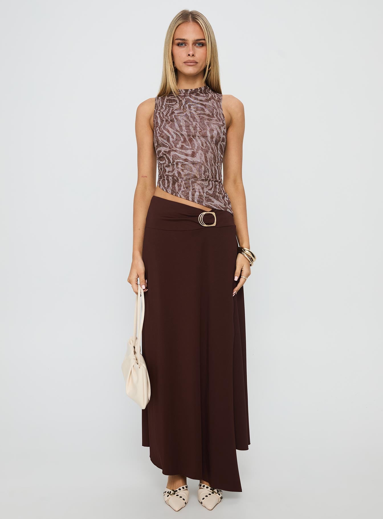 Nola Hardware Slit Maxi Skirt Brown-Vipp Girl