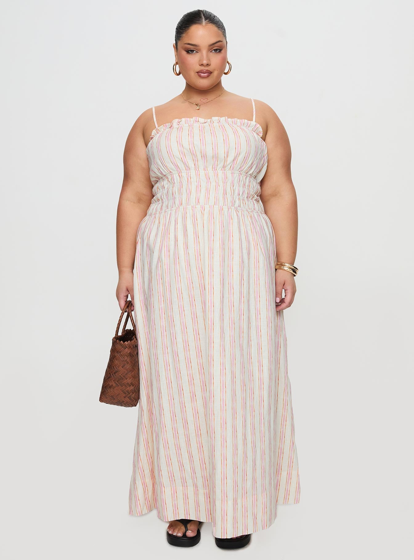 Persephone Shirring Linen Maxi Dress Pink Stripe Curve-Vipp Girl
