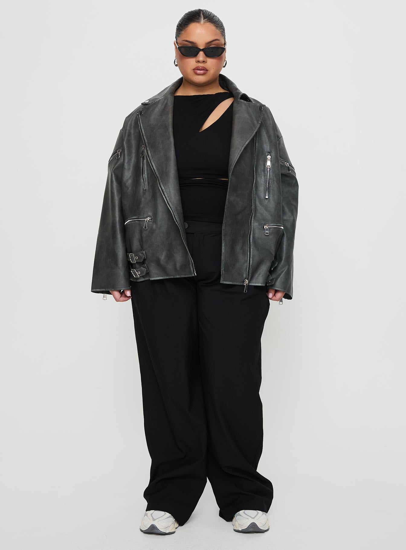 Magnets Faux Leather Jacket Washed Charcoal Curve-Vipp Girl