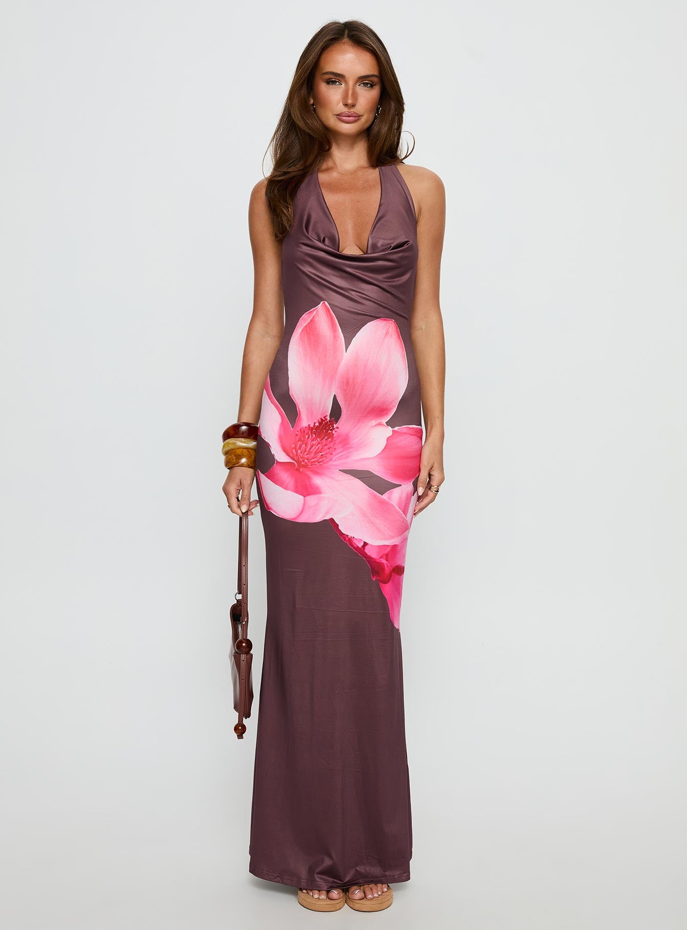 Raleina Halter Cowl Neck Maxi Dress Brown Floral-Vipp Girl