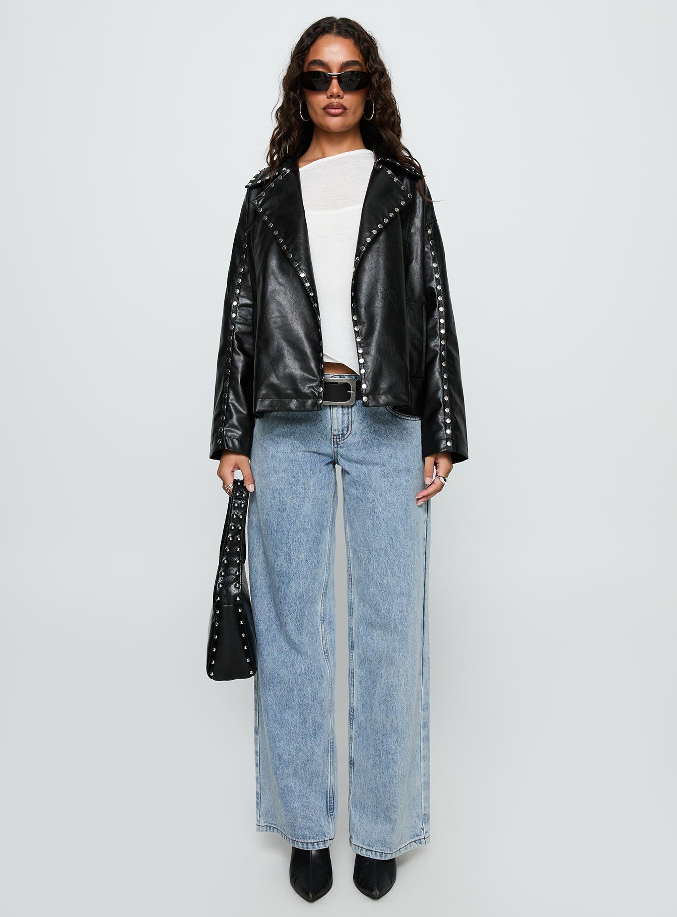 Kaeden Faux Leather Stud Detail Biker Jacket Black-Vipp Girl