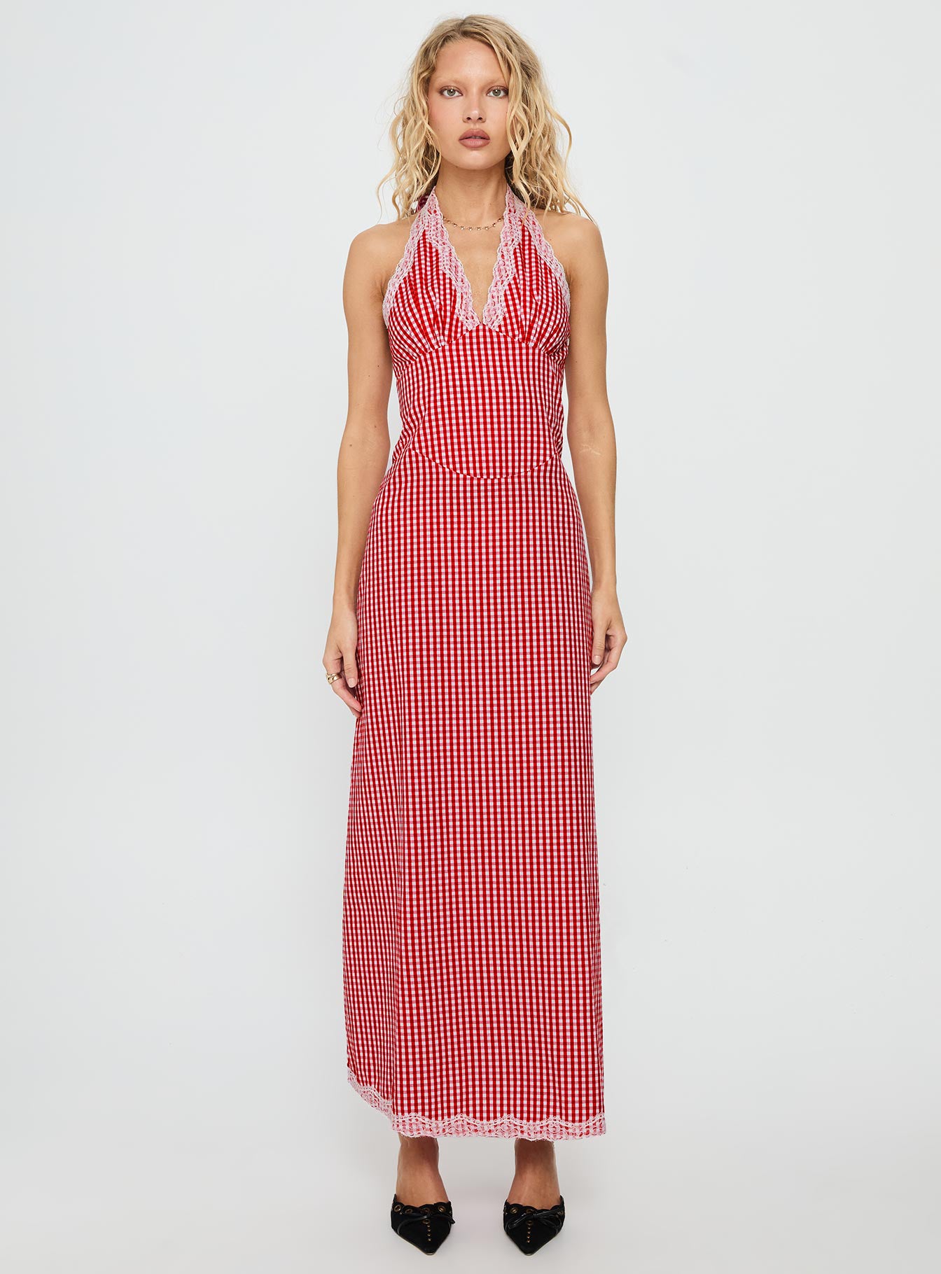 Betsie Halter Lace Maxi Dress Red Gingham-Vipp Girl
