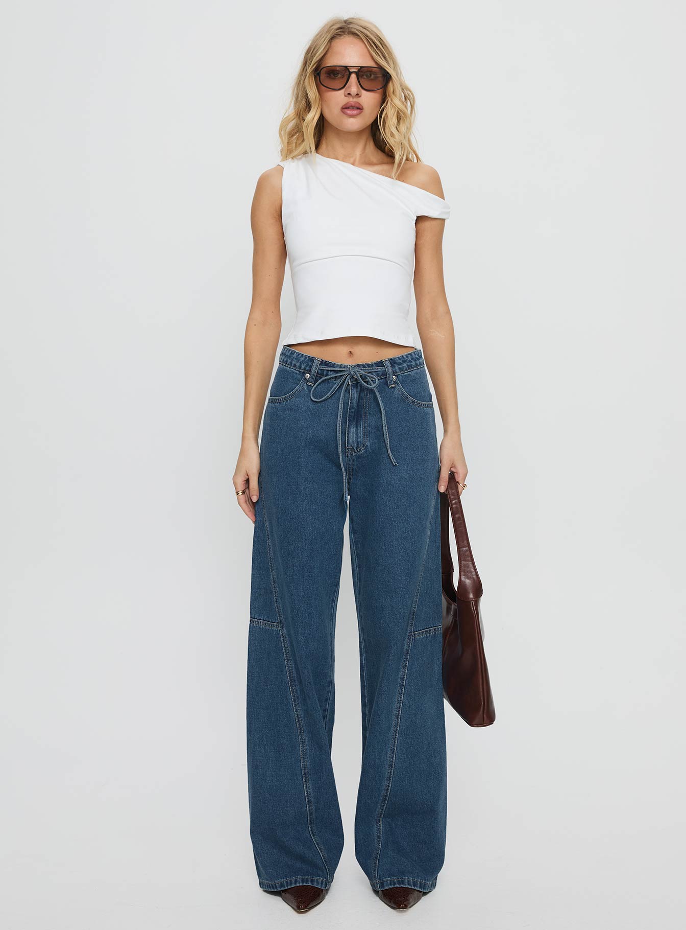 Bruiser Tie Waist Mid Rise Wide Leg Jeans Mid Blue Wash-Vipp Girl