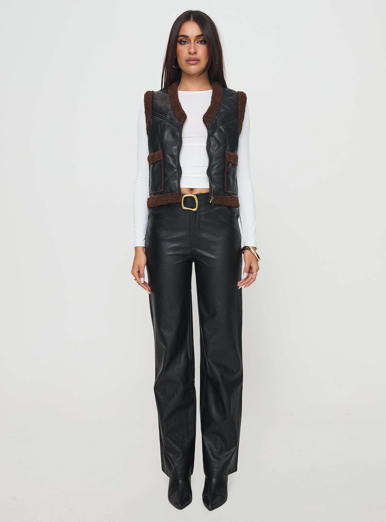 Benner Low Waist Wide Leg Faux Leather Pants Black-Vipp Girl