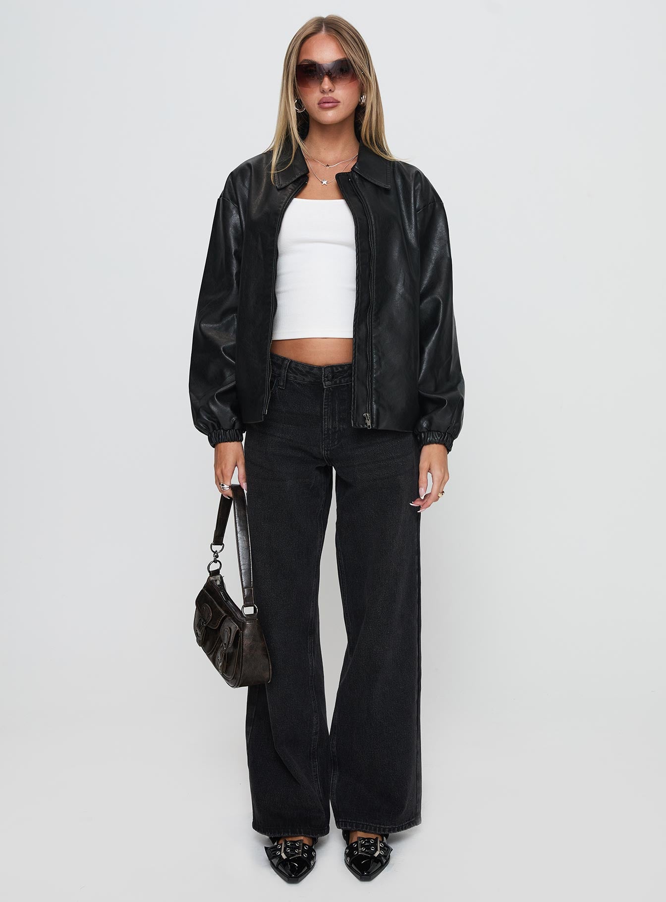 Missed Call Faux Leather Bomber Jacket Black-Vipp Girl