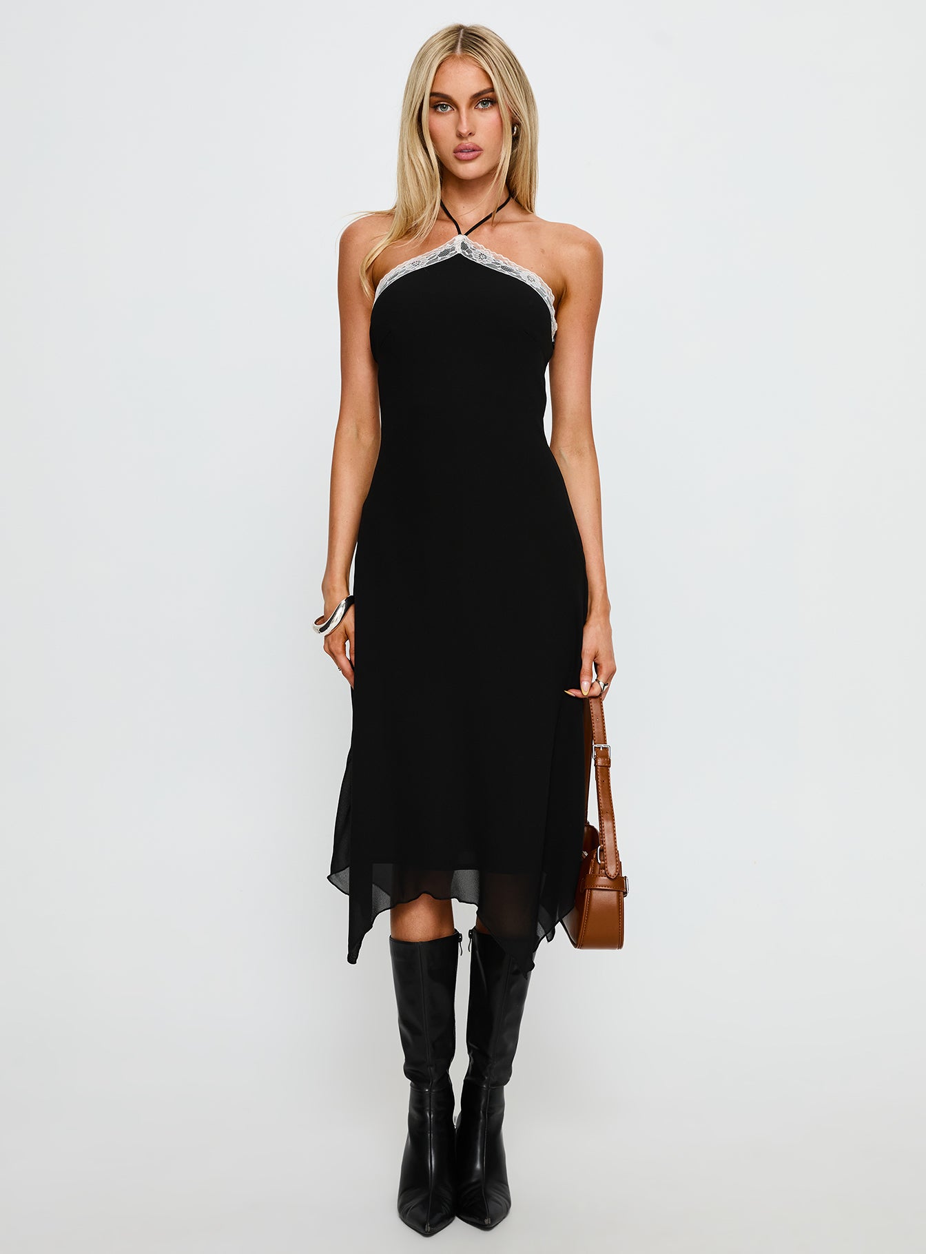 Naila Halter Lace Trim Midi Dress Black-Vipp Girl