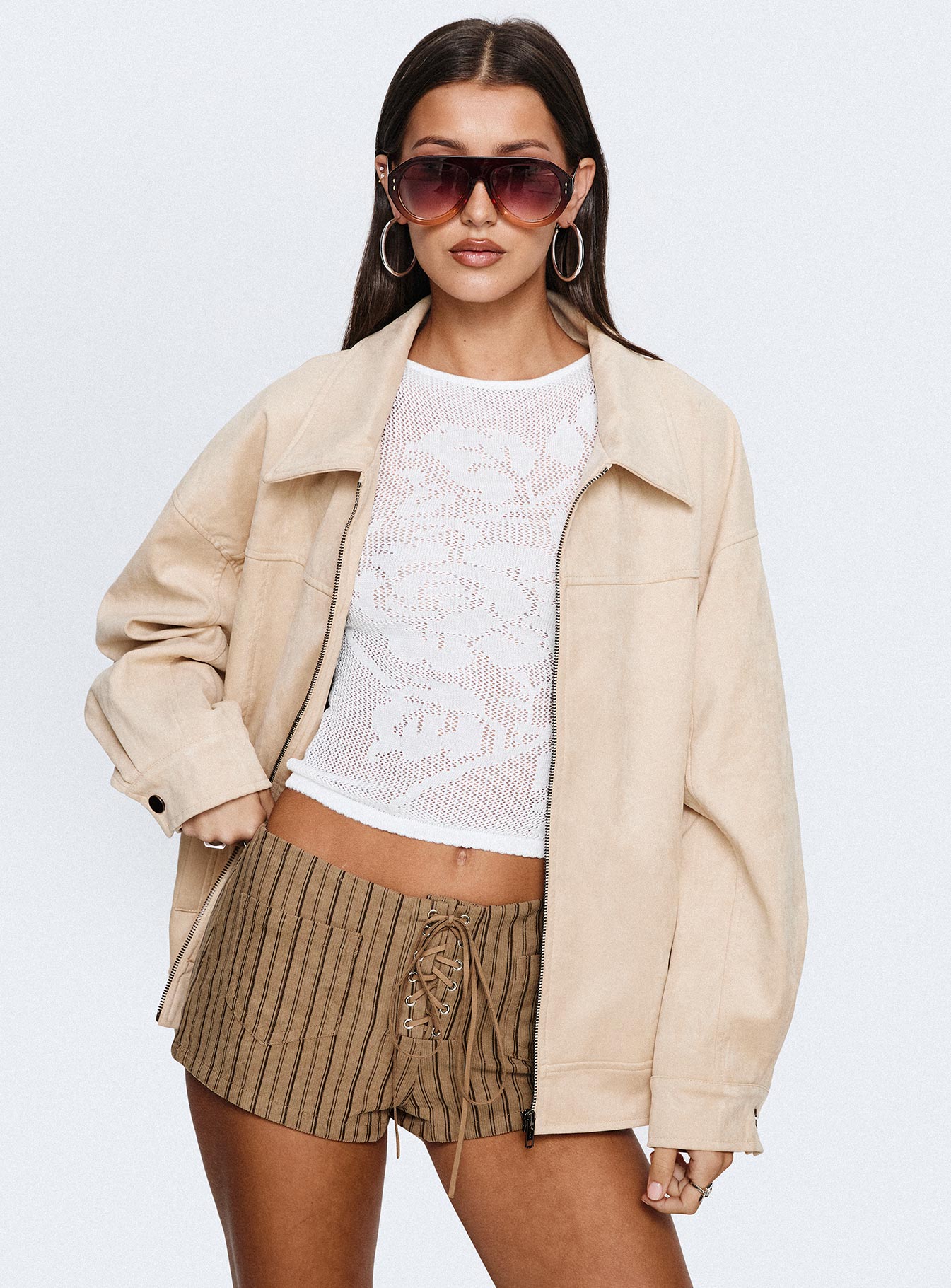 Goldsmith Faux Suede Bomber Jacket Beige-Vipp Girl