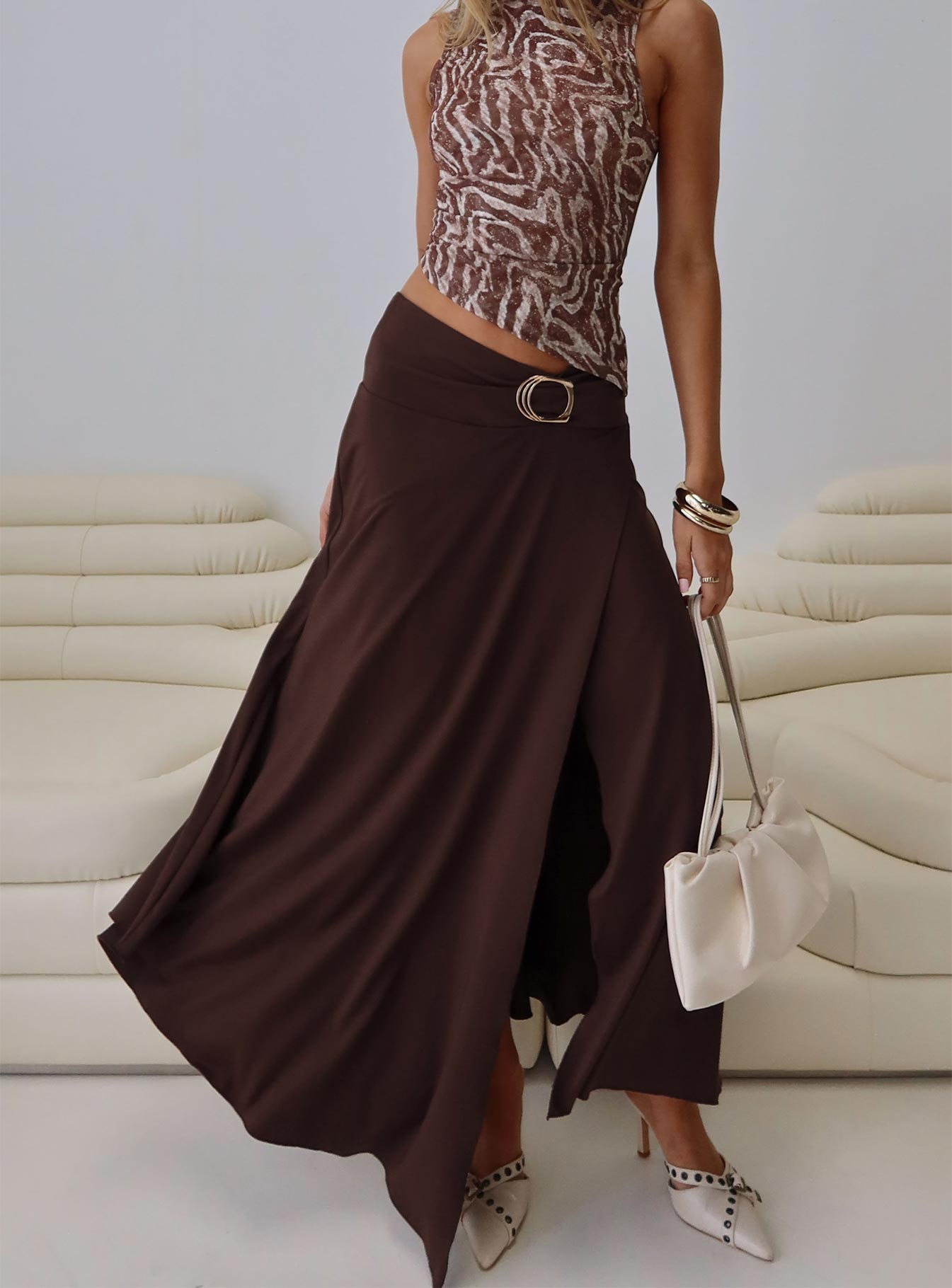 Nola Hardware Slit Maxi Skirt Brown-Vipp Girl