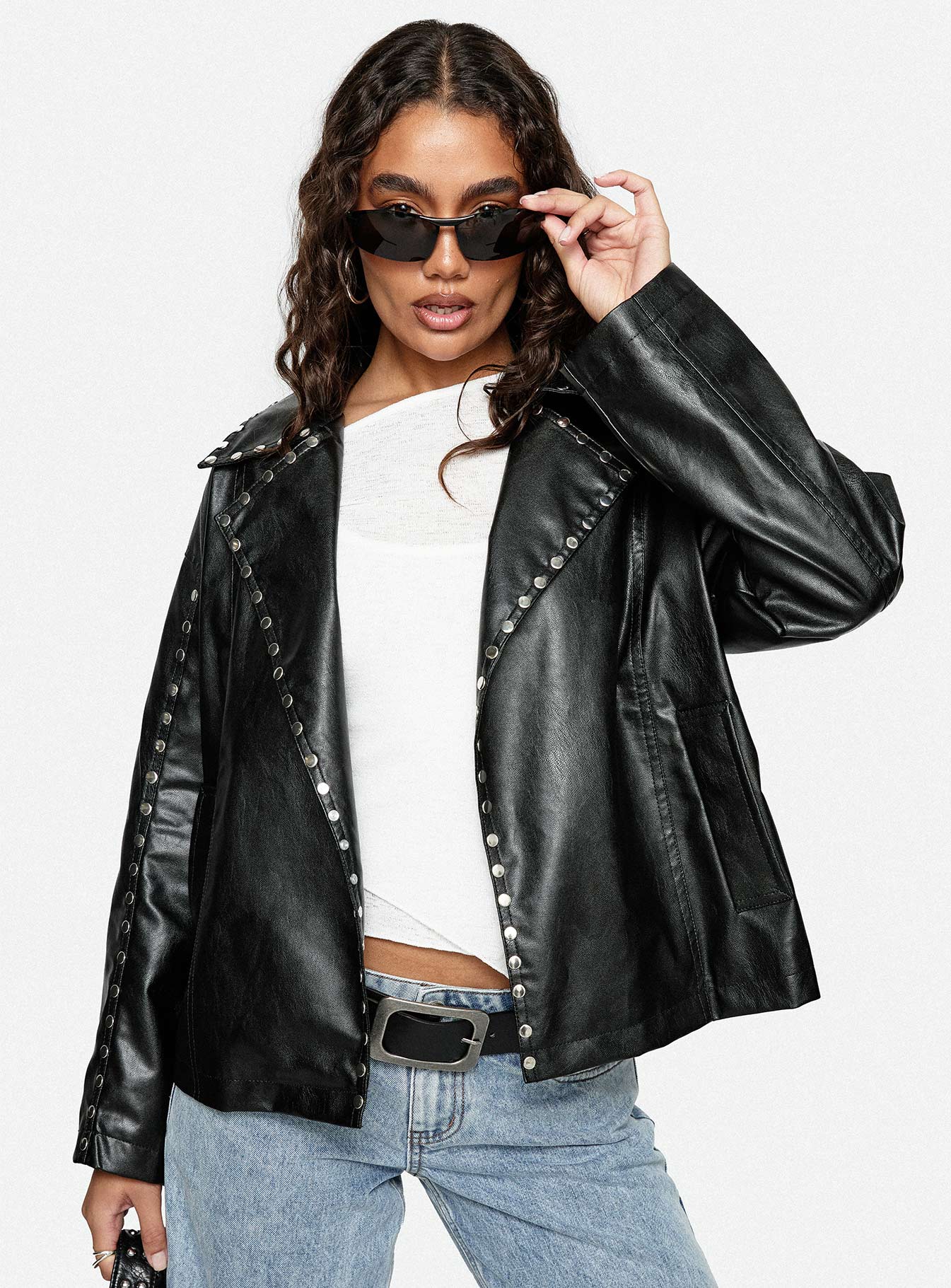 Kaeden Faux Leather Stud Detail Biker Jacket Black-Vipp Girl
