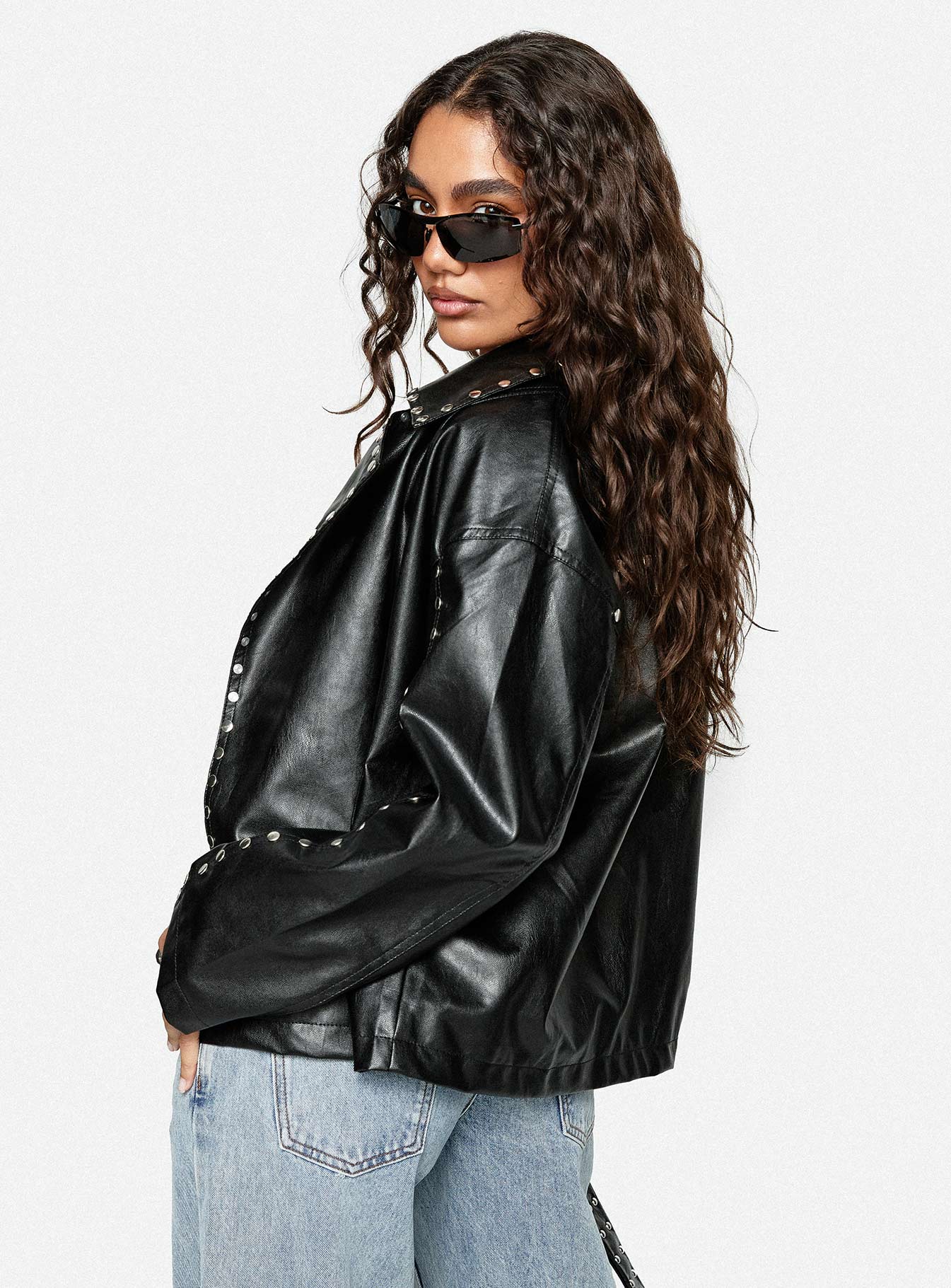 Kaeden Faux Leather Stud Detail Biker Jacket Black-Vipp Girl