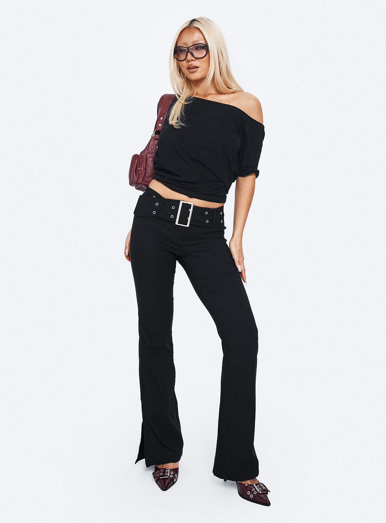 Kortnee Eyelet Detail Flare Leg Pants Black-Vipp Girl