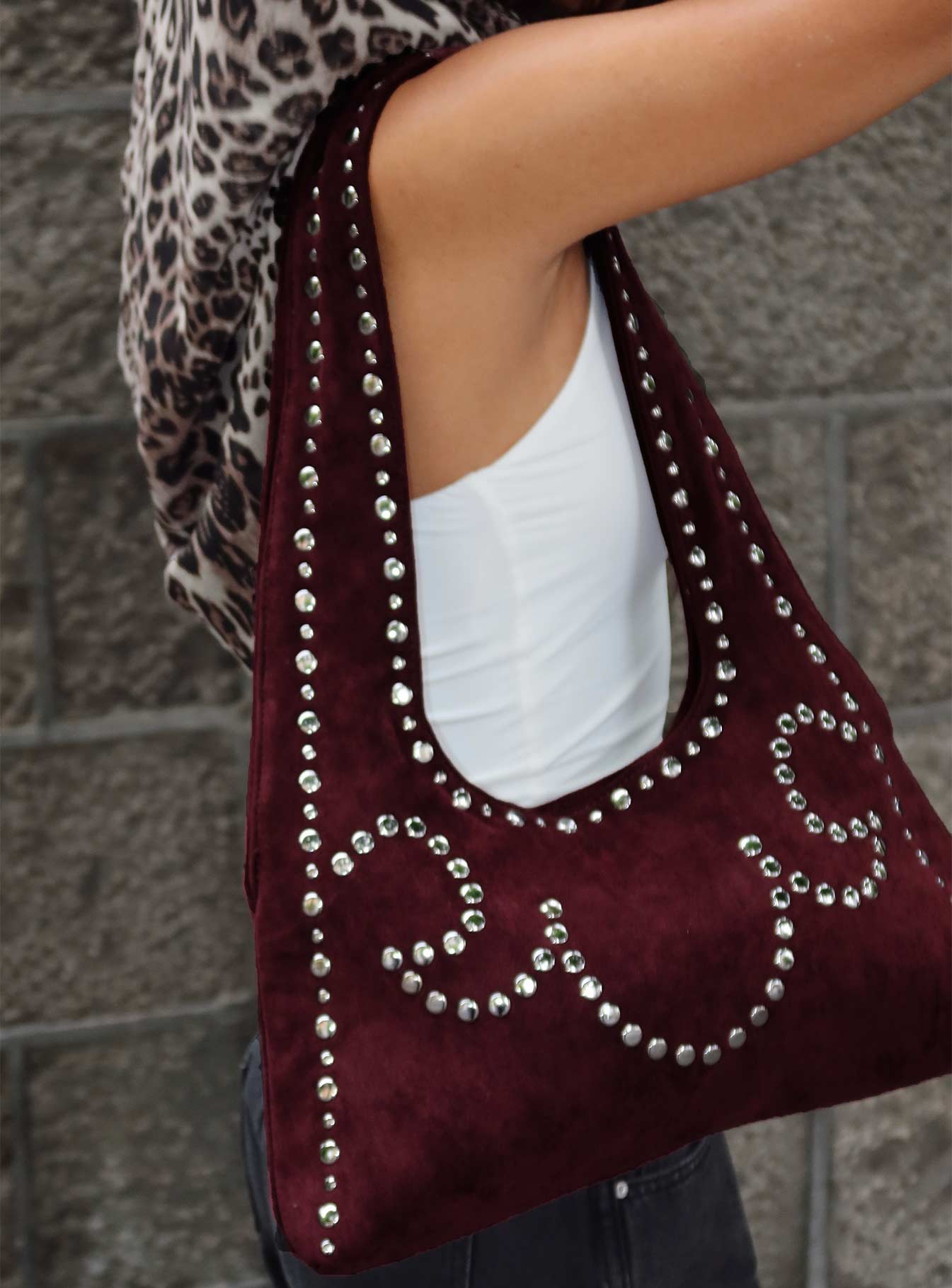 Lemoni Faux Suede Stud Bag Burgundy-Vipp Girl