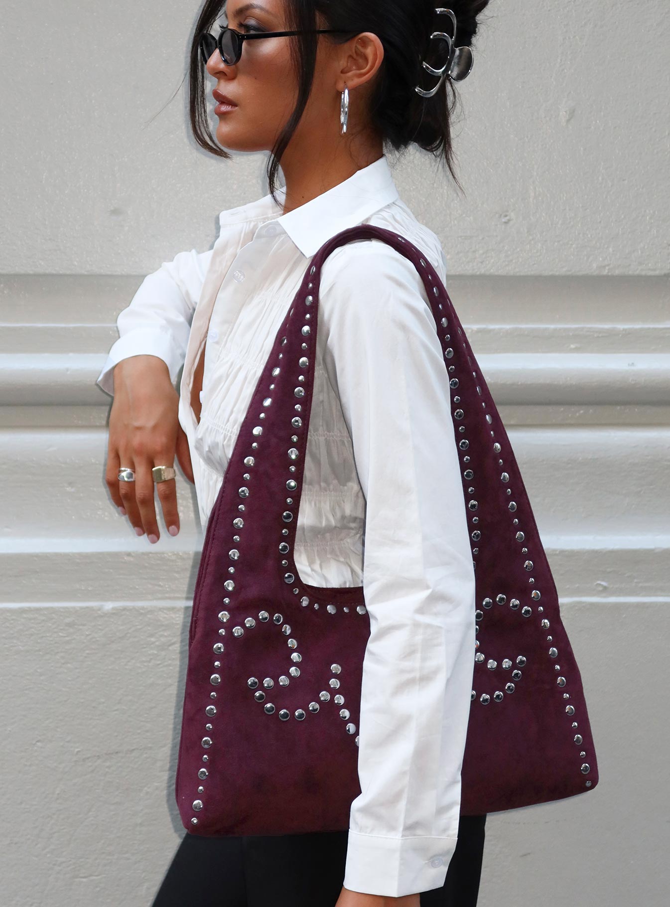 Lemoni Faux Suede Stud Bag Burgundy-Vipp Girl