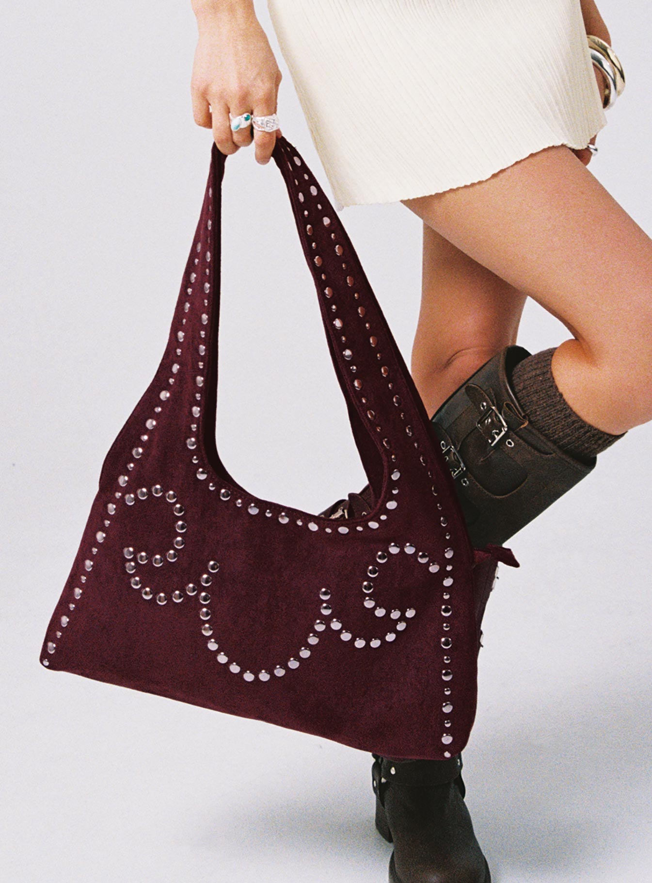 Lemoni Faux Suede Stud Bag Burgundy-Vipp Girl