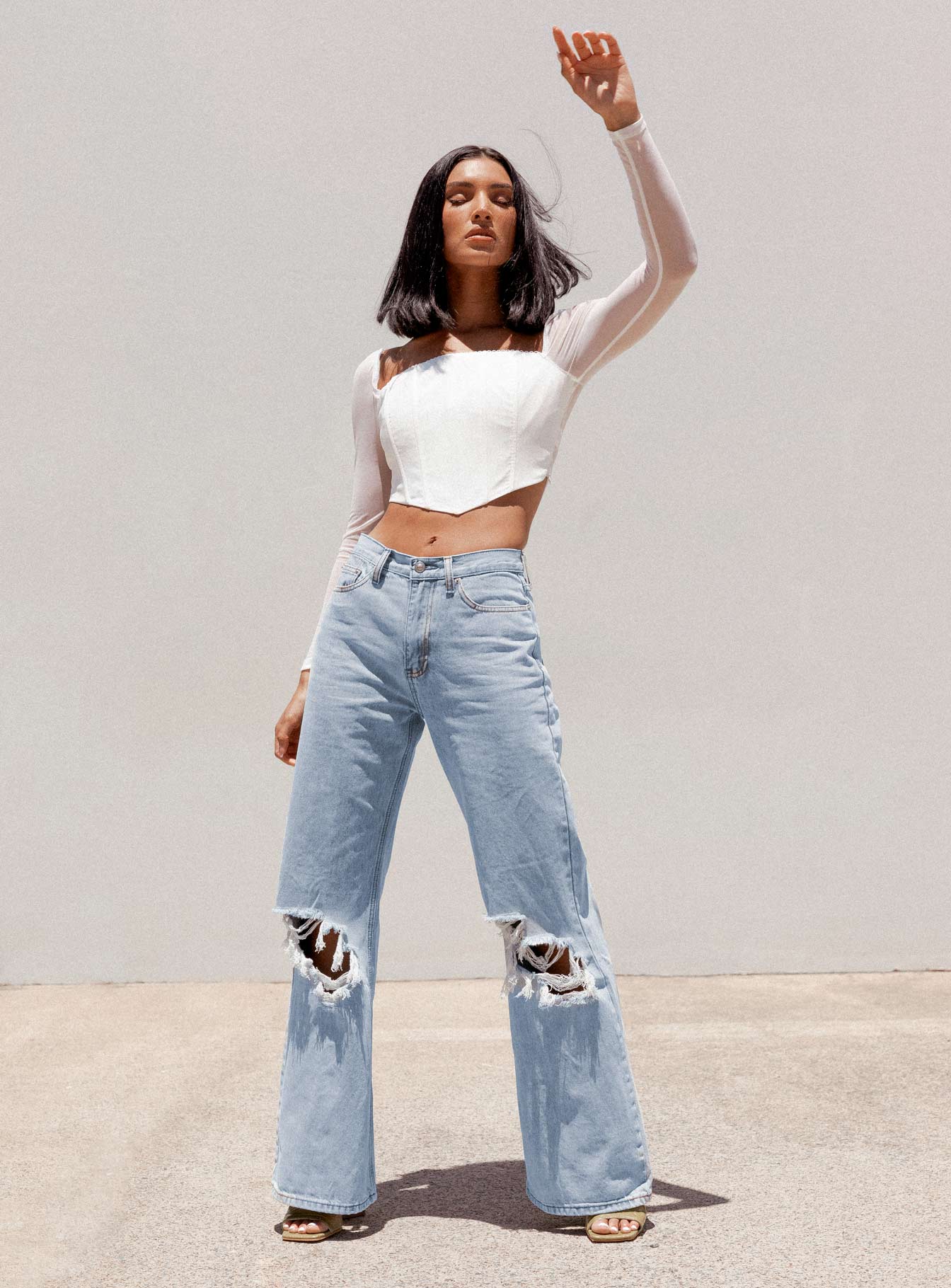 Maple Flare Jeans Knee Rips Light Wash Denim-Vipp Girl