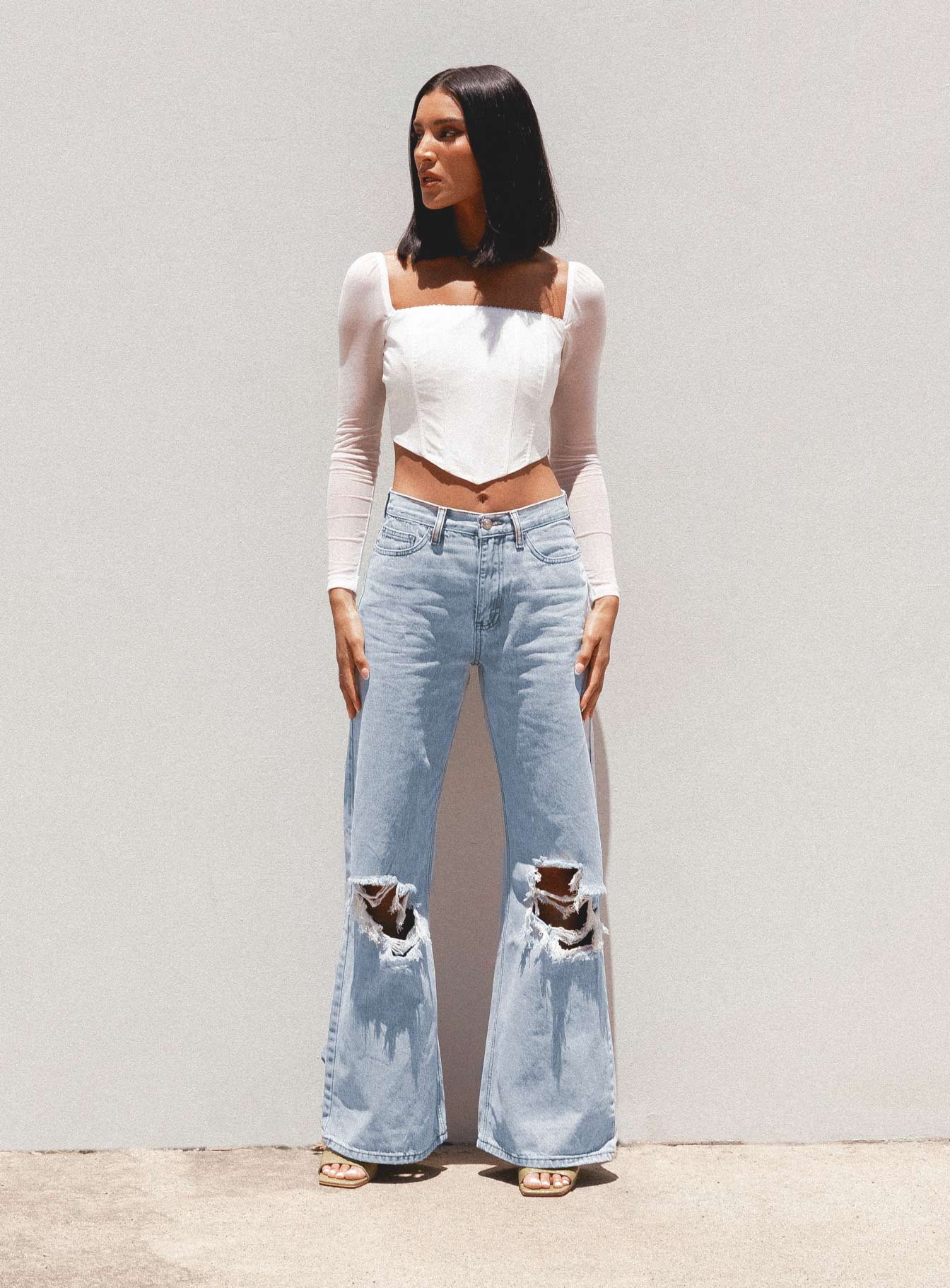 Maple Flare Jeans Knee Rips Light Wash Denim-Vipp Girl