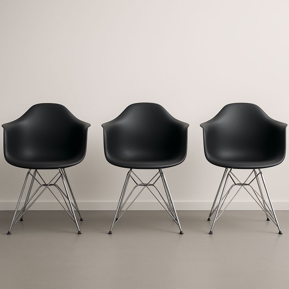 Ensemble de 3 chaises en polypropylène noir avec base en acier chromé