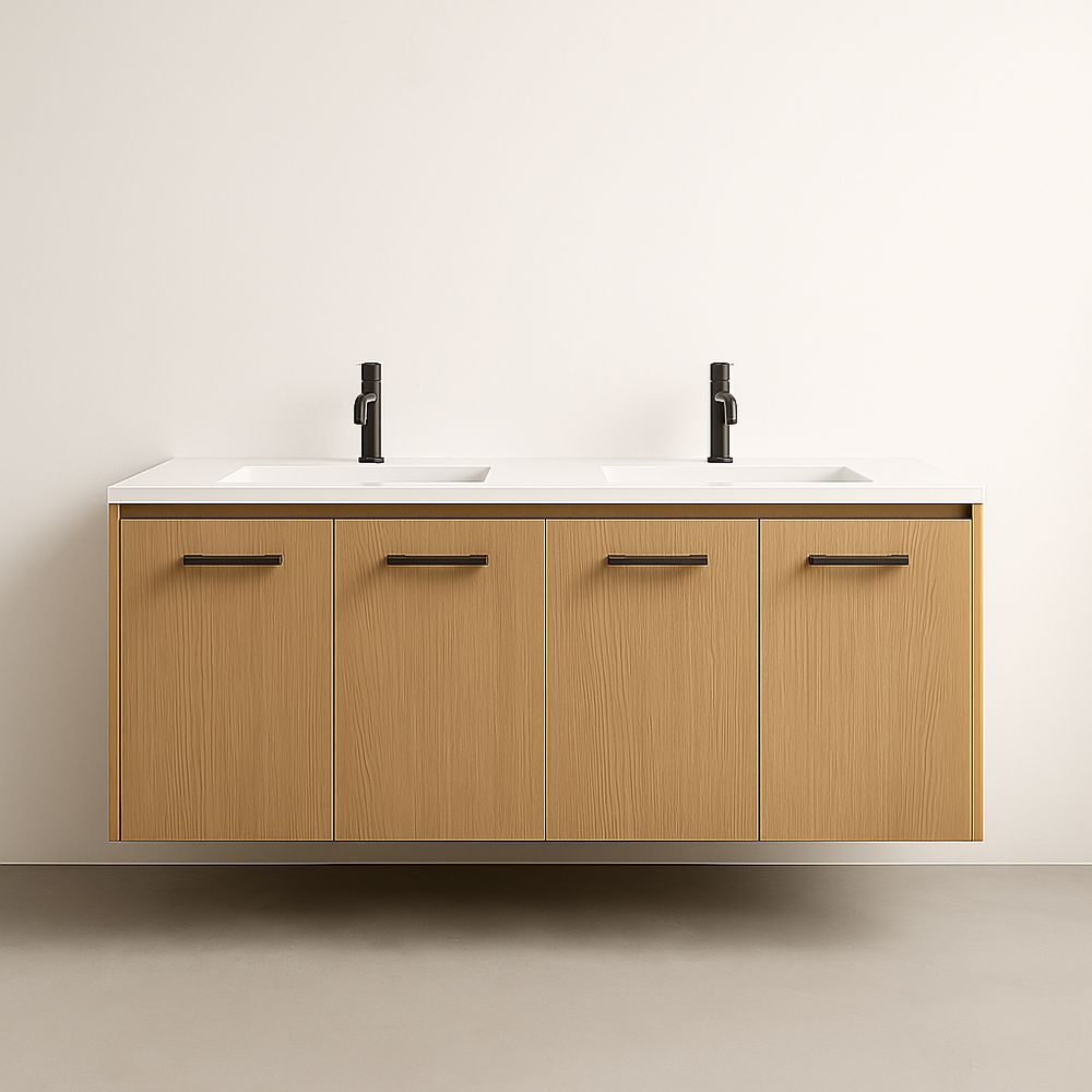 Meuble de Salle de Bain Mural Double Vasque en Bois et Stratifié