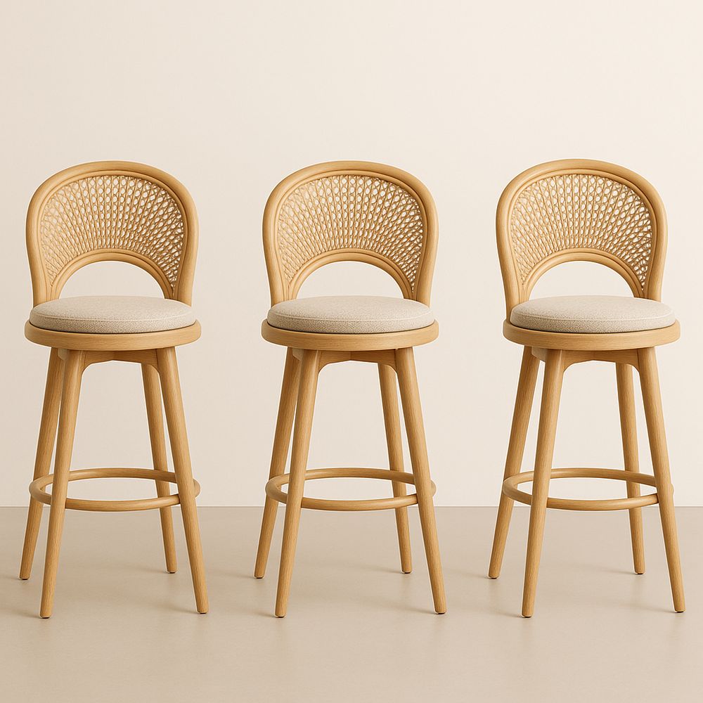 Tabourets de Bar en Bois et Rotin avec Assise en Polyester, Lot de 3