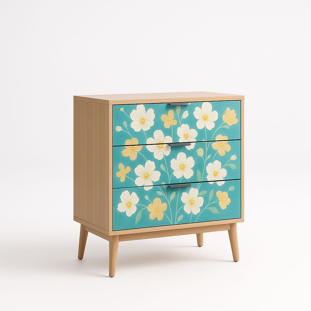 Commode en Bois à Trois Tiroirs avec Motif Floral 75x40x85 cm Multicolore
