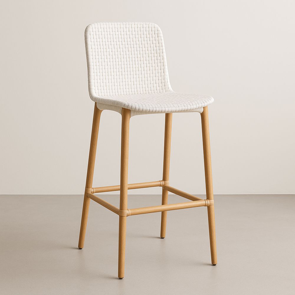 Tabouret de bar en bois et polyéthylène tressé blanc
