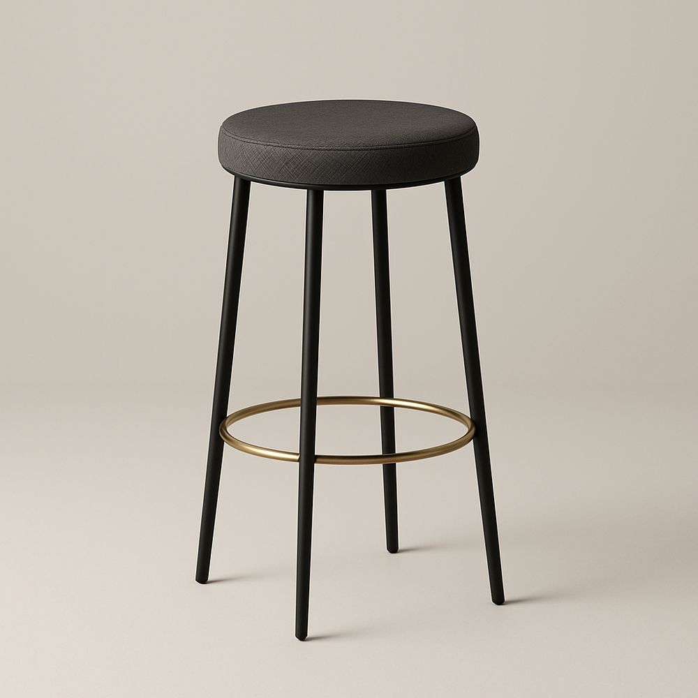 Tabouret de Bar Rond Tissu Noir Structure Métal Repose-Pieds Or Hauteur 75cm