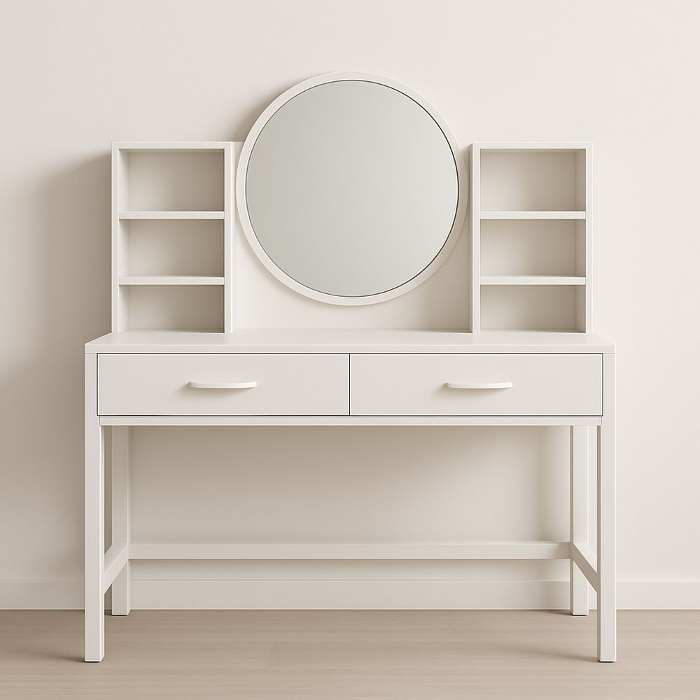 Coiffeuse en Bois avec Miroir Rond et Étagères Intégrées Blanc