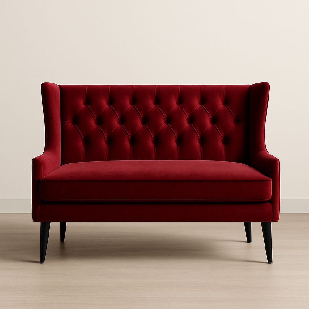 Canapé 2 Places Velours Rouge Pieds Bois