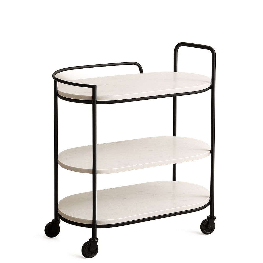 Chariot de Service en Métal et Bois Blanc/Noir avec Roulettes 3 Niveaux